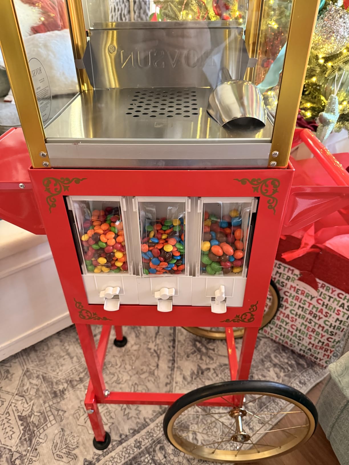 ROVSUN Popcorn Machine Cart with Candy Dispenser, 8 Oz Kettle Makes Up to 32 Cups ETL, Popcorn Maker w/Scoop, Oil Spoon, Bags & Cups, Movie Theater Style Popper for Commercial Home Party, Red customer photo 1