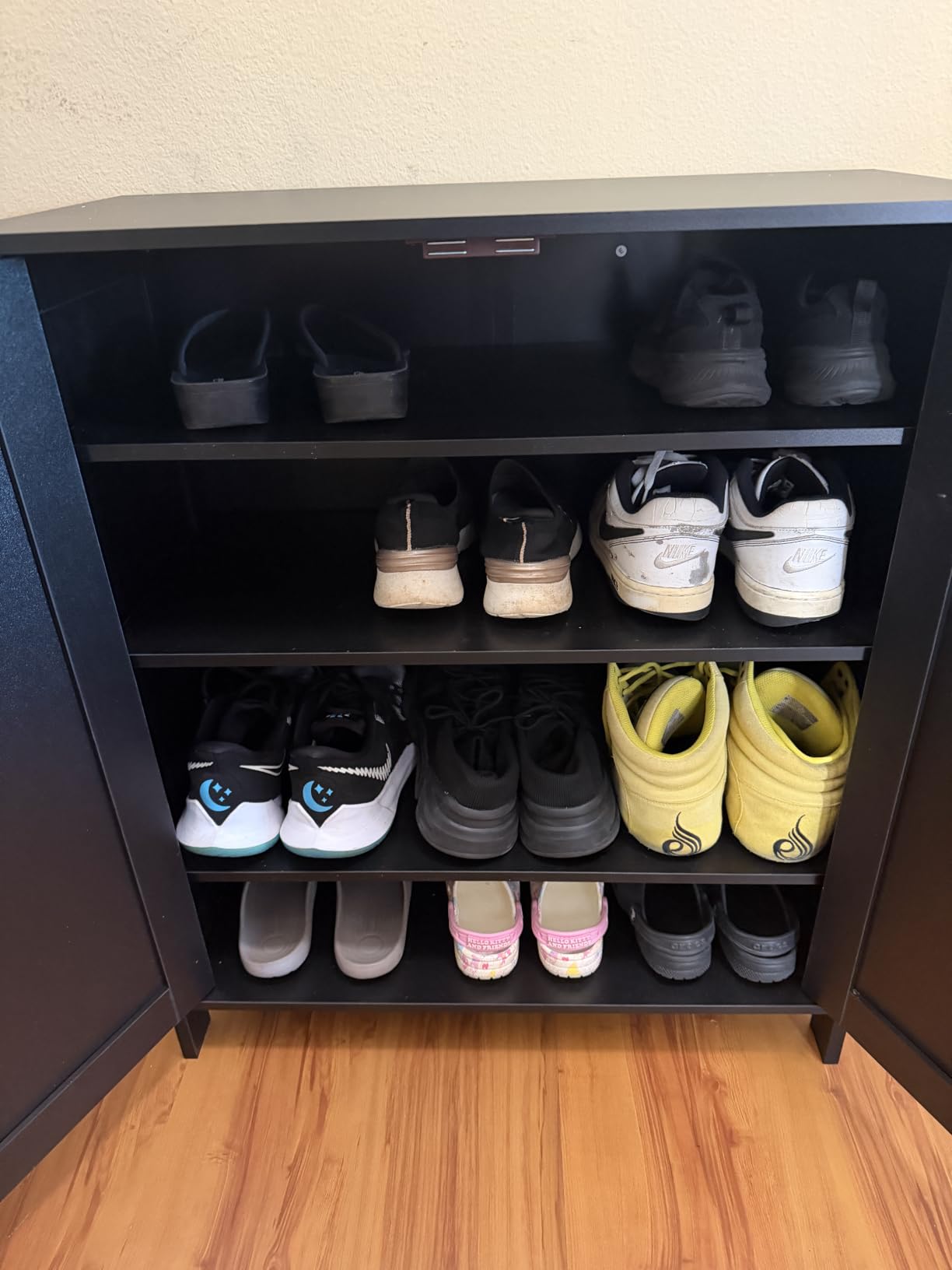 Homleke Farmhouse Shoe Cabinet with 2 Barn Doors & Wood Legs | Tall 4-Tier Shoe Storage Cabinet, 3 Adjustable Shelves, Shoe Rack Organizer, for Entryway, Hallway, Closet, White customer photo 1