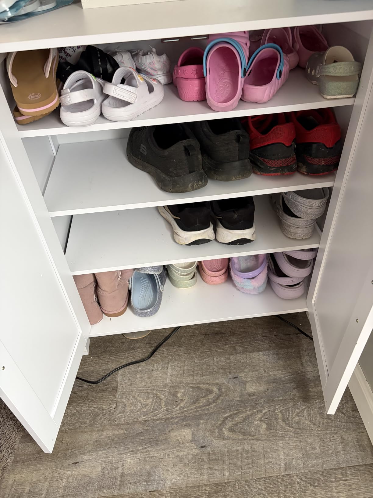 Homleke Farmhouse Shoe Cabinet with 2 Barn Doors & Wood Legs | Tall 4-Tier Shoe Storage Cabinet, 3 Adjustable Shelves, Shoe Rack Organizer, for Entryway, Hallway, Closet, White customer photo 2