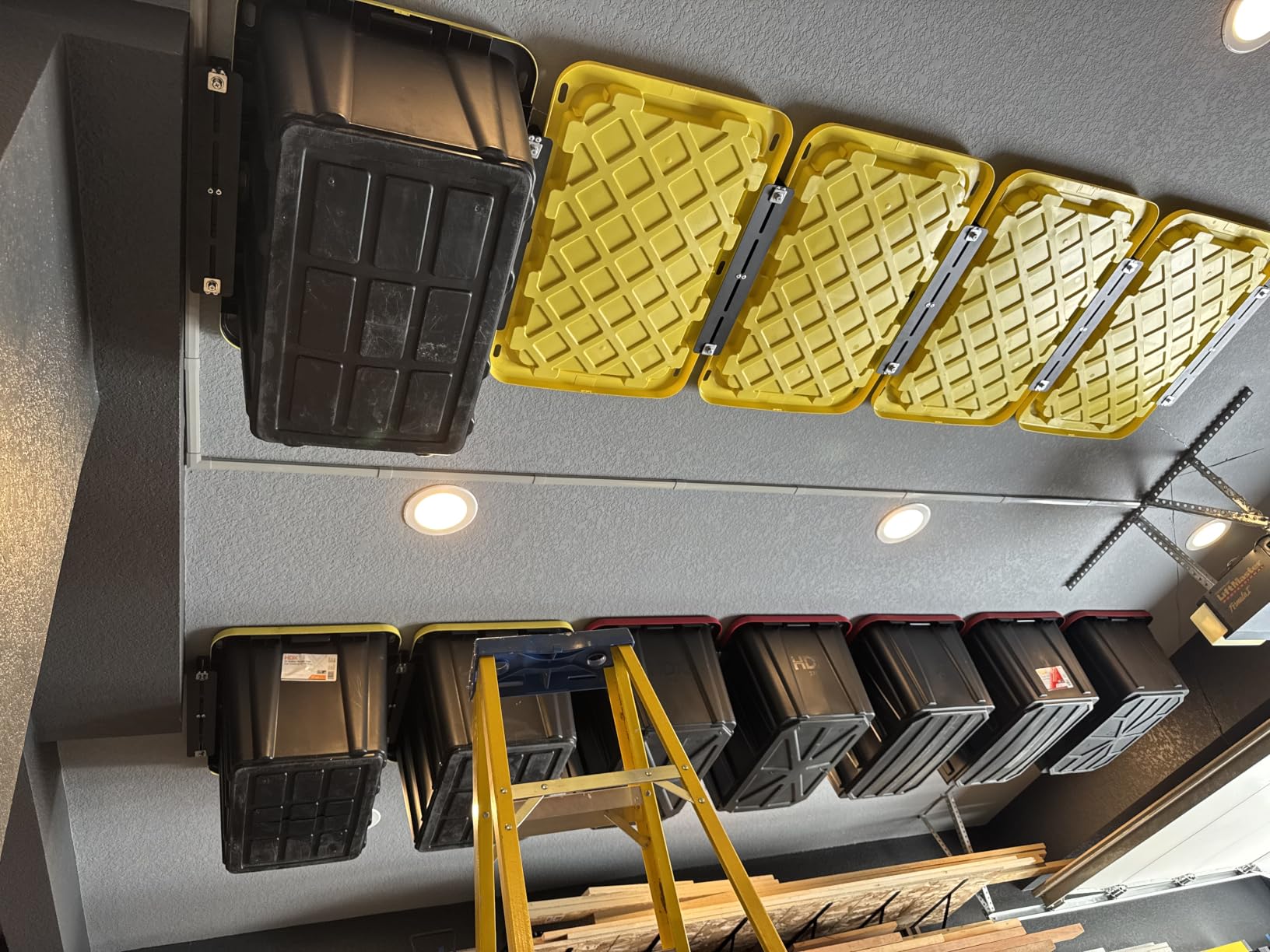 WooFog Overhead Garage Storage Rack, Garage Ceiling Storage Racks, Heavy Duty Storage Bin Ceiling Rails for 27 Gallon Totes, Tote Storage Rack System - Black (6 Sets for 5 Bins) customer photo 1