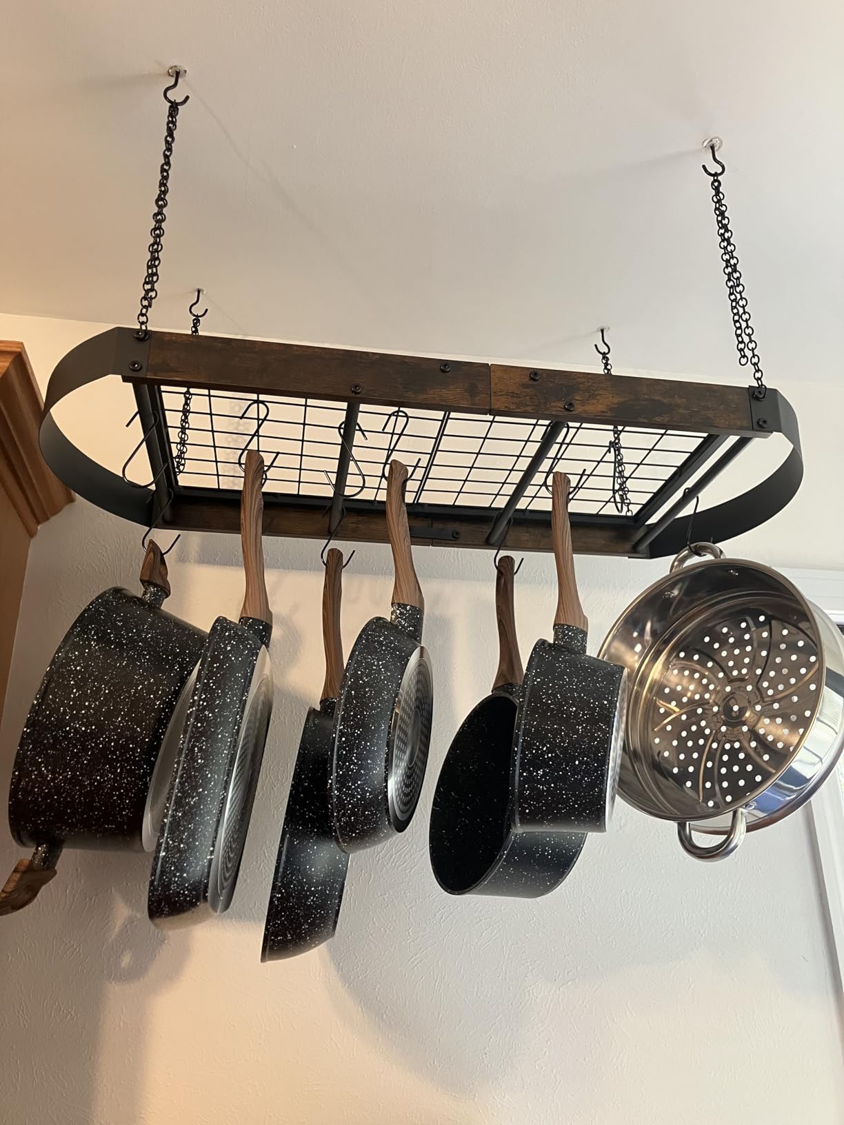31.7-Inch Hanging Pot Rack, Space-Saving Pot Hanger for Kitchen, Ceiling Pan Hanging Rack with 16 Detachable S Hooks, Sturdy Metal Frame, Industrial Style, Rustic Brown and Black TPR09BF customer photo 1
