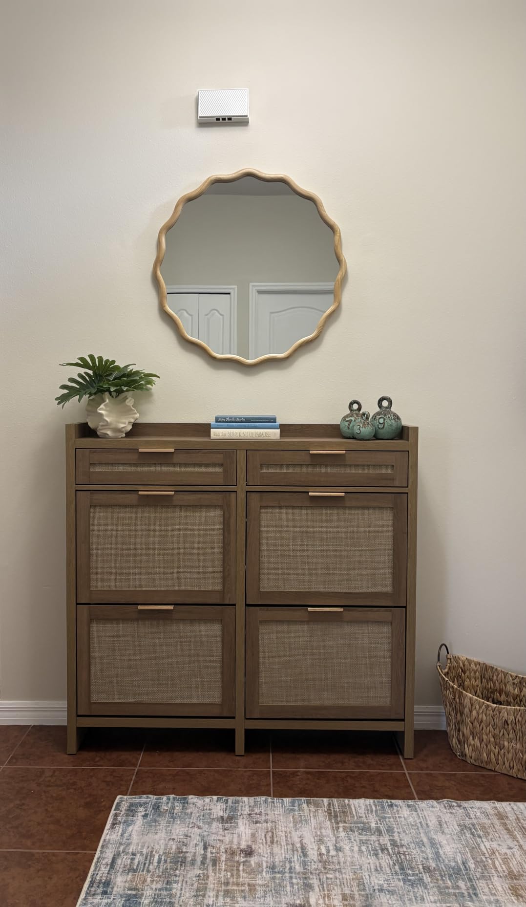 HOKYHOKY Rattan Shoe Storage Cabinet with 2 Drawers & 2 Flip Drawers | Hidden Slim Shoe Organizer, Farmhouse Boho Narrow Shoe Rack, Large Tabletop Space, Entryway, Rustic Oak customer photo 1