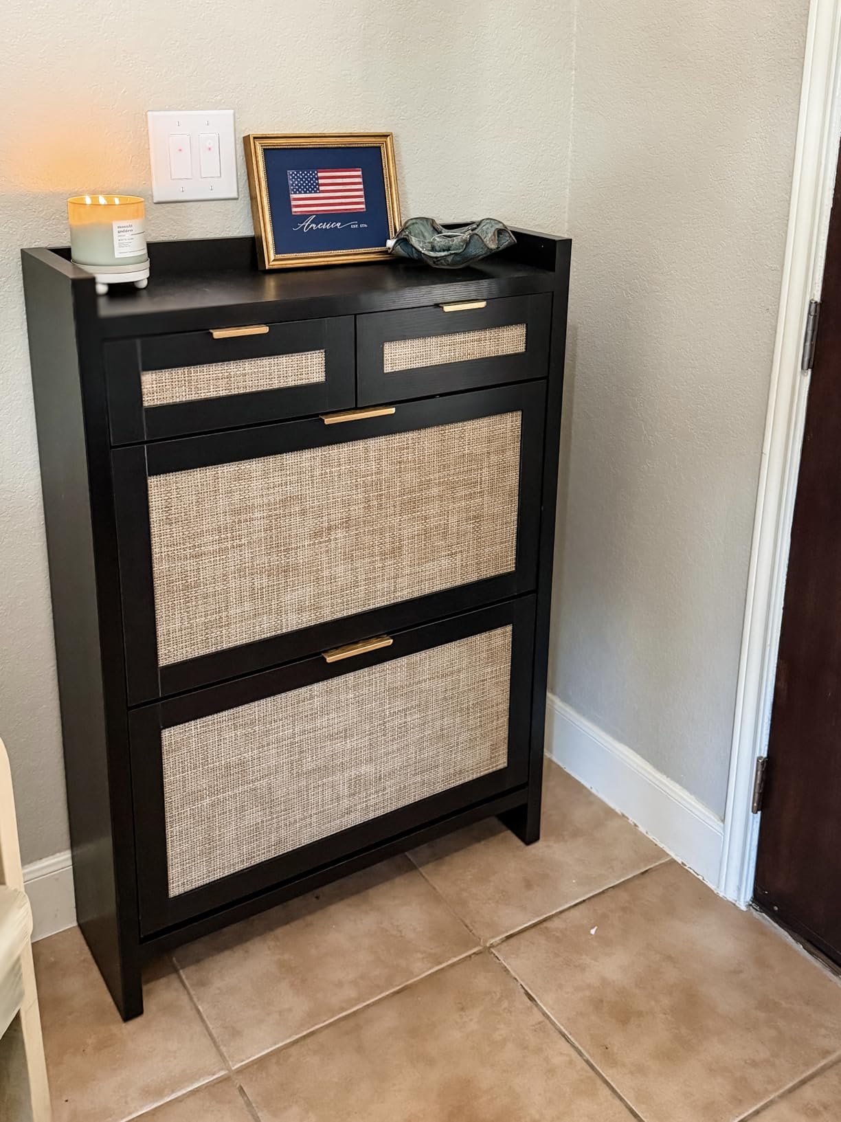 HOKYHOKY Rattan Shoe Storage Cabinet with 2 Drawers & 2 Flip Drawers | Hidden Slim Shoe Organizer, Farmhouse Boho Narrow Shoe Rack, Large Tabletop Space, Entryway, Rustic Oak customer photo 2