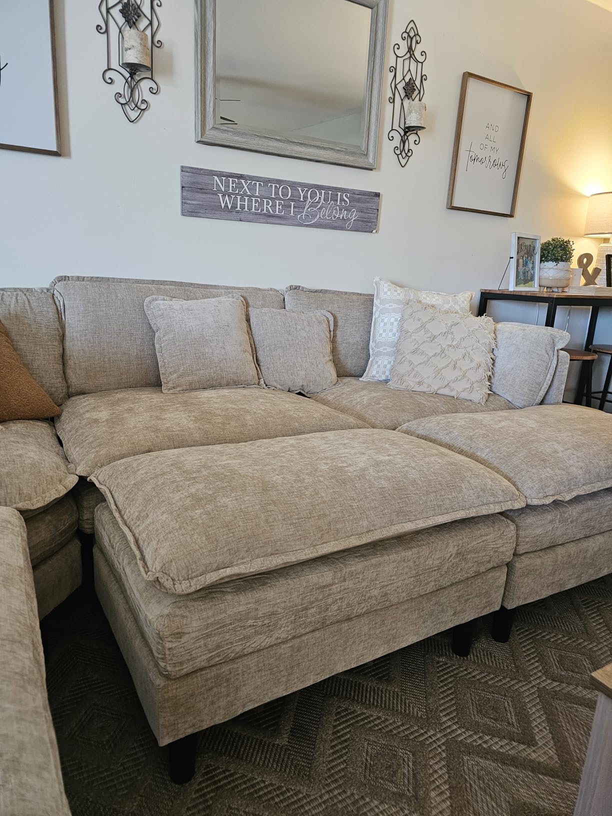 Oversized Modular Sectional Sofa, 7 Seater Deep Seat Cloud Couch Sectional, Chenille Corner Couch, 7 Pillows, 2 Movable Ottomans, For Spacious Living Room Reception Rooms, Large Families, Camel customer photo 2