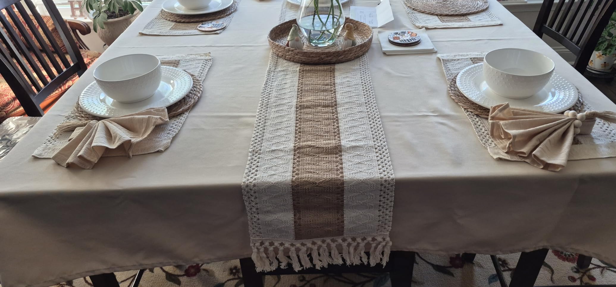 Boho Placemat Table Runner Napkin Rings, Khaki, 12x72, 6 Sets | Woven Mats with Wood Bead Rings customer photo 1