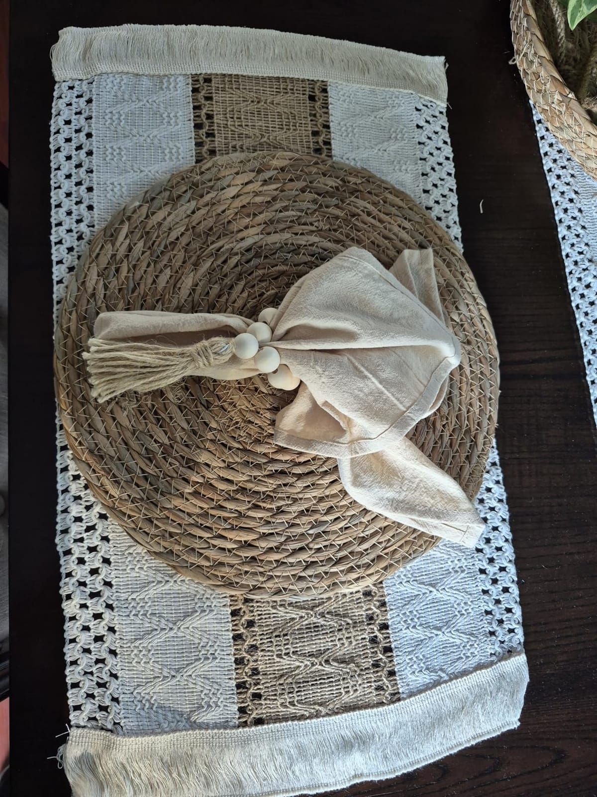 Boho Placemat Table Runner Napkin Rings, Khaki, 12x72, 6 Sets | Woven Mats with Wood Bead Rings customer photo 2