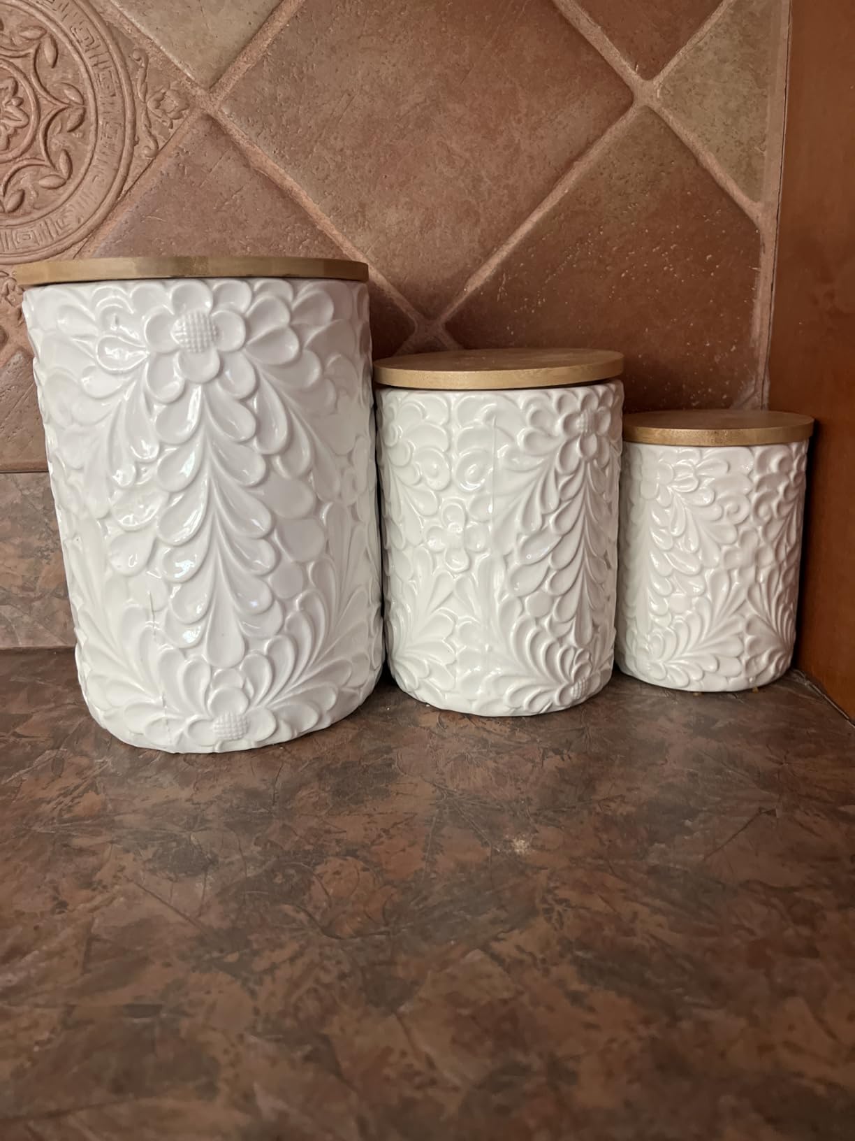 Engraved Design Kitchen Canisters Set of 3 with 74 Oz, 36 Oz, and 18 Oz - White Storage Jars for Countertop with Airtight Bamboo Lids - Large Flour Tea Coffee Sugar Spices Container - Decorative customer photo 1