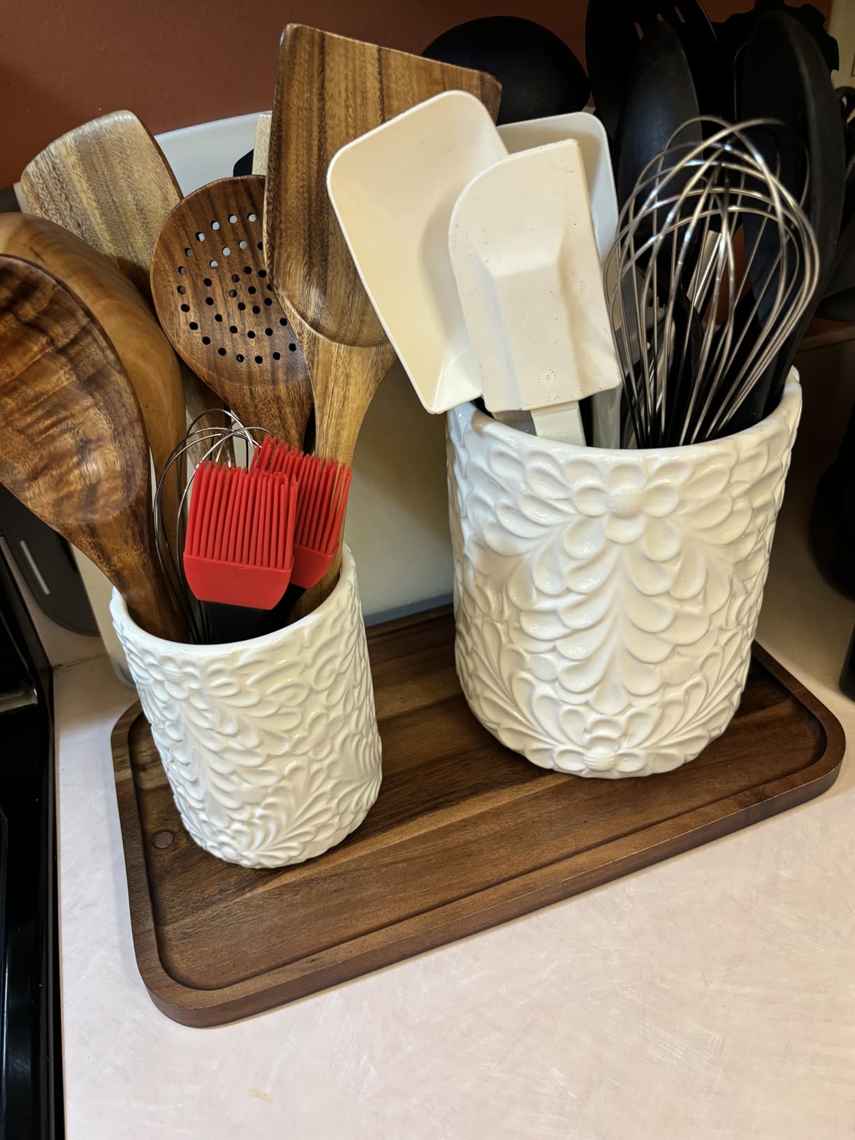 Engraved Design Kitchen Canisters Set of 3 with 74 Oz, 36 Oz, and 18 Oz - White Storage Jars for Countertop with Airtight Bamboo Lids - Large Flour Tea Coffee Sugar Spices Container - Decorative customer photo 2