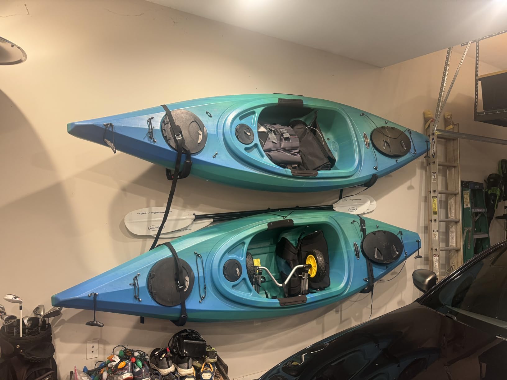 Kayak Storage Rack - 100LB Heavy Duty Kayak Wall Mount with Foam Padding & Straps | Kayak Rack for Garage, Wall Mounted Storage Hooks for Canoes, Paddle Boards, Ladders, Bikes (Square Tube) customer photo 2