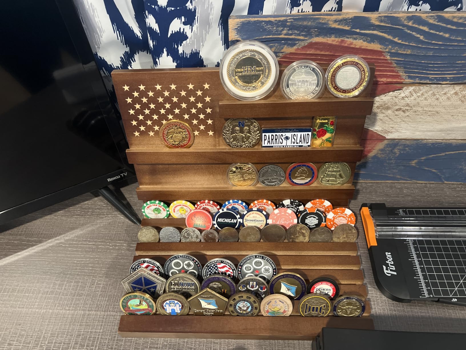 Challenge Coin Display, Walnut Military Coin Holder Tabletop Case | Large Slotted Stand Hold 80 Multi Coins 3+8 Racks Solid Wood Gift for Navy Army Police Veterans Collection Desktop Decorative customer photo 2