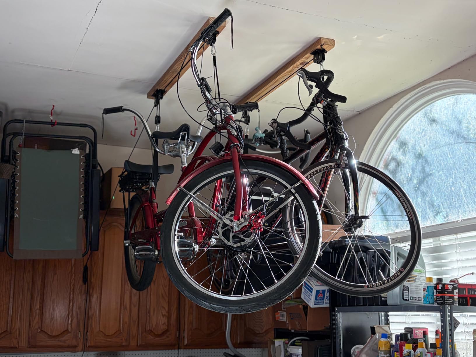TRUSOON 2 Pack Bike Hoist, Heavy Duty Ebike Lift Pulley System for Garage Ceiling Overhead Storage for Bicycle, Ladders, Snowboard, Holds Up to 85 lbs Capacity, Fit 10-16 Foot High Ceilings customer photo 1