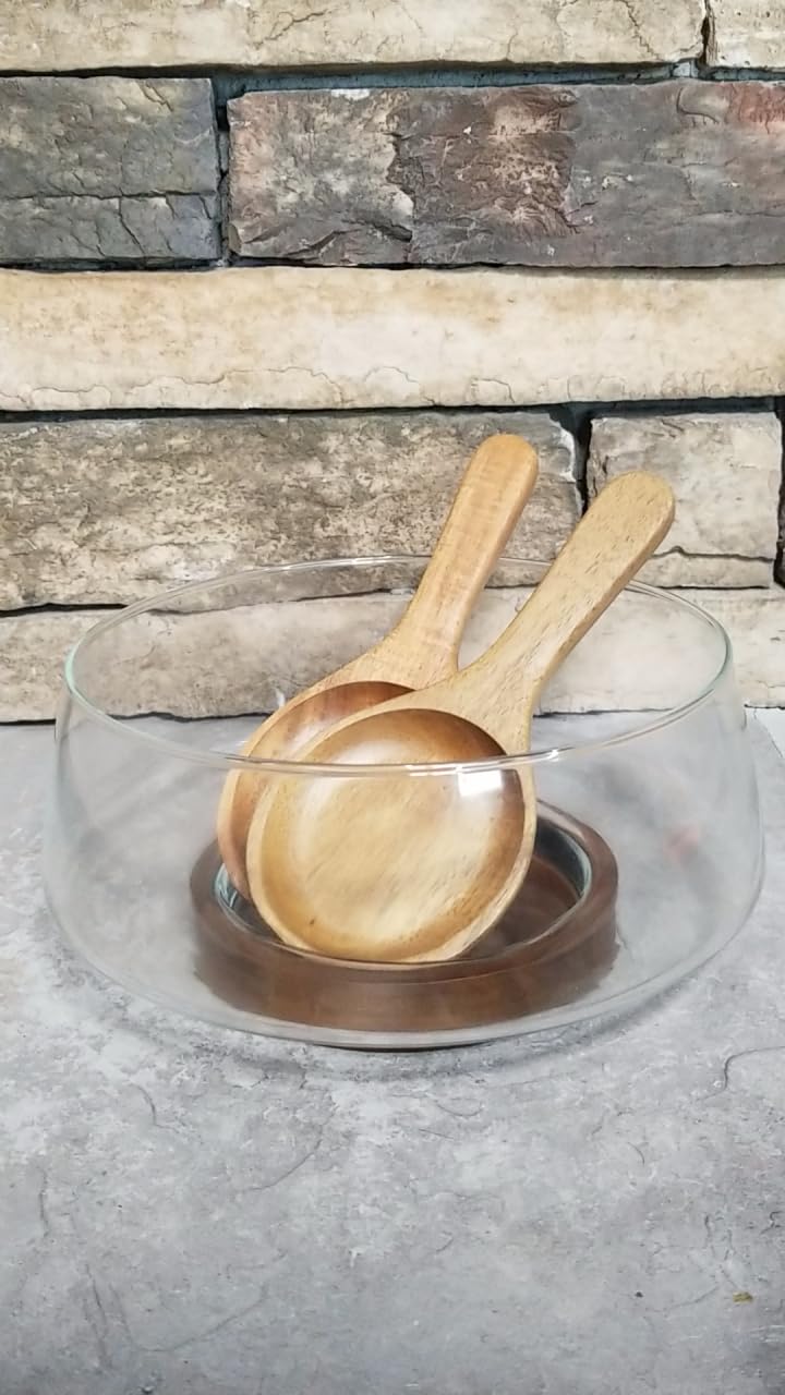 Large Glass Salad Bowl Set with Acacia Wood Base & Salad Servers - Elegant Serving Bowl for Salads, Pasta, Fruit & Snacks - Easy-Clean Modern Serveware, Perfect for Hosting & Housewarming Gifts customer photo 1