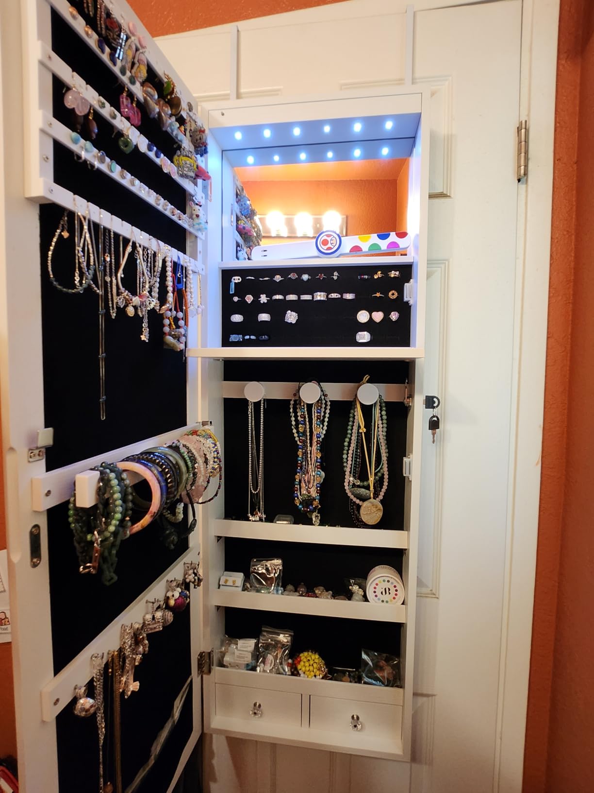 Over the Door Jewelry Organizer, Wall Mounted Jewelry Cabinet, Hanging Mirror with Storage Box, Wall/Door Mounted Full Length Mirror with LED customer photo 1
