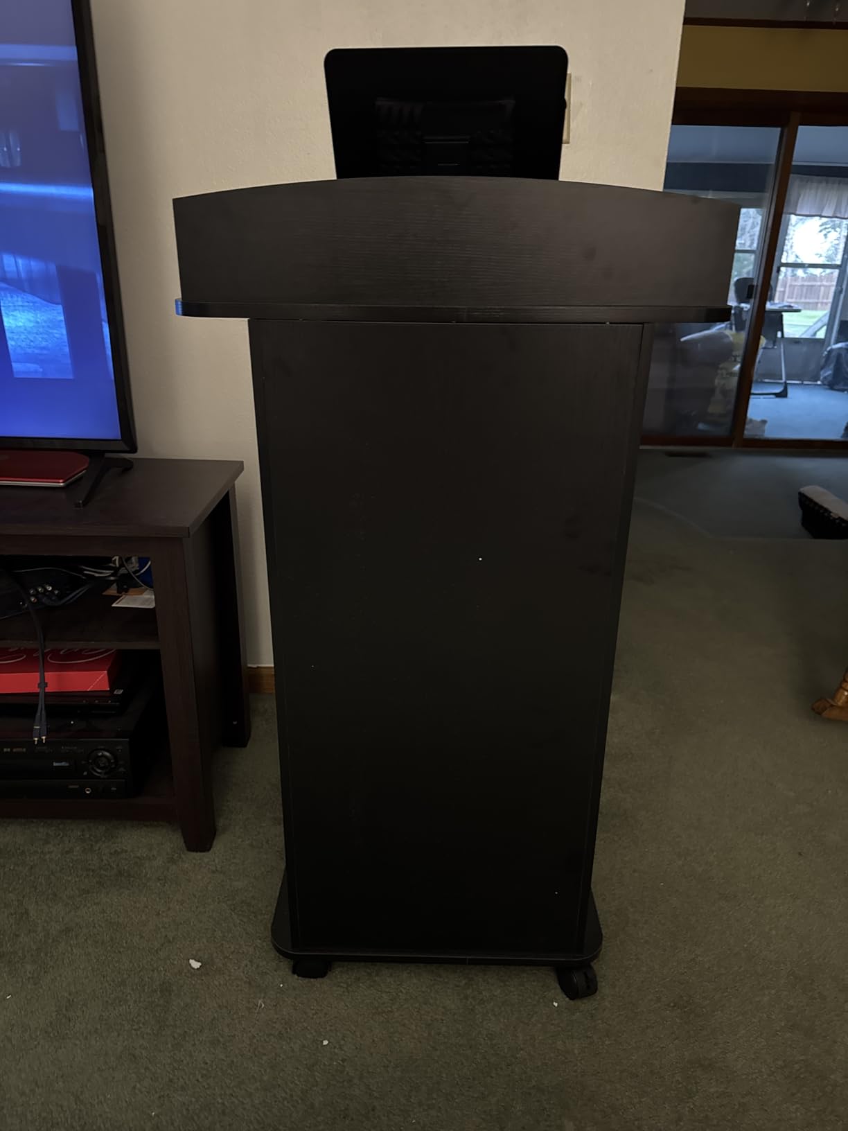 Podium Stand with Metal Wheels Wooden Lectern Podium Stand Portable Pulpit Standing with Storage Mobile Reception Podiums Desk for Church Office School Conference Restaurant Meeting, Black customer photo 1