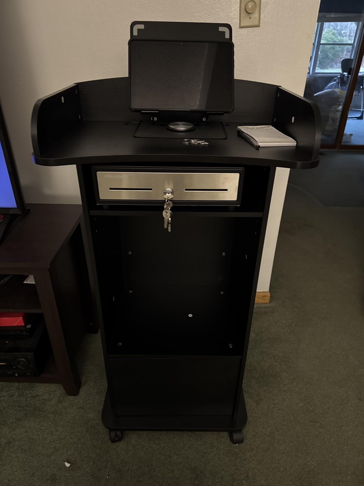 Podium Stand with Metal Wheels Wooden Lectern Podium Stand Portable Pulpit Standing with Storage Mobile Reception Podiums Desk for Church Office School Conference Restaurant Meeting, Black customer photo 2