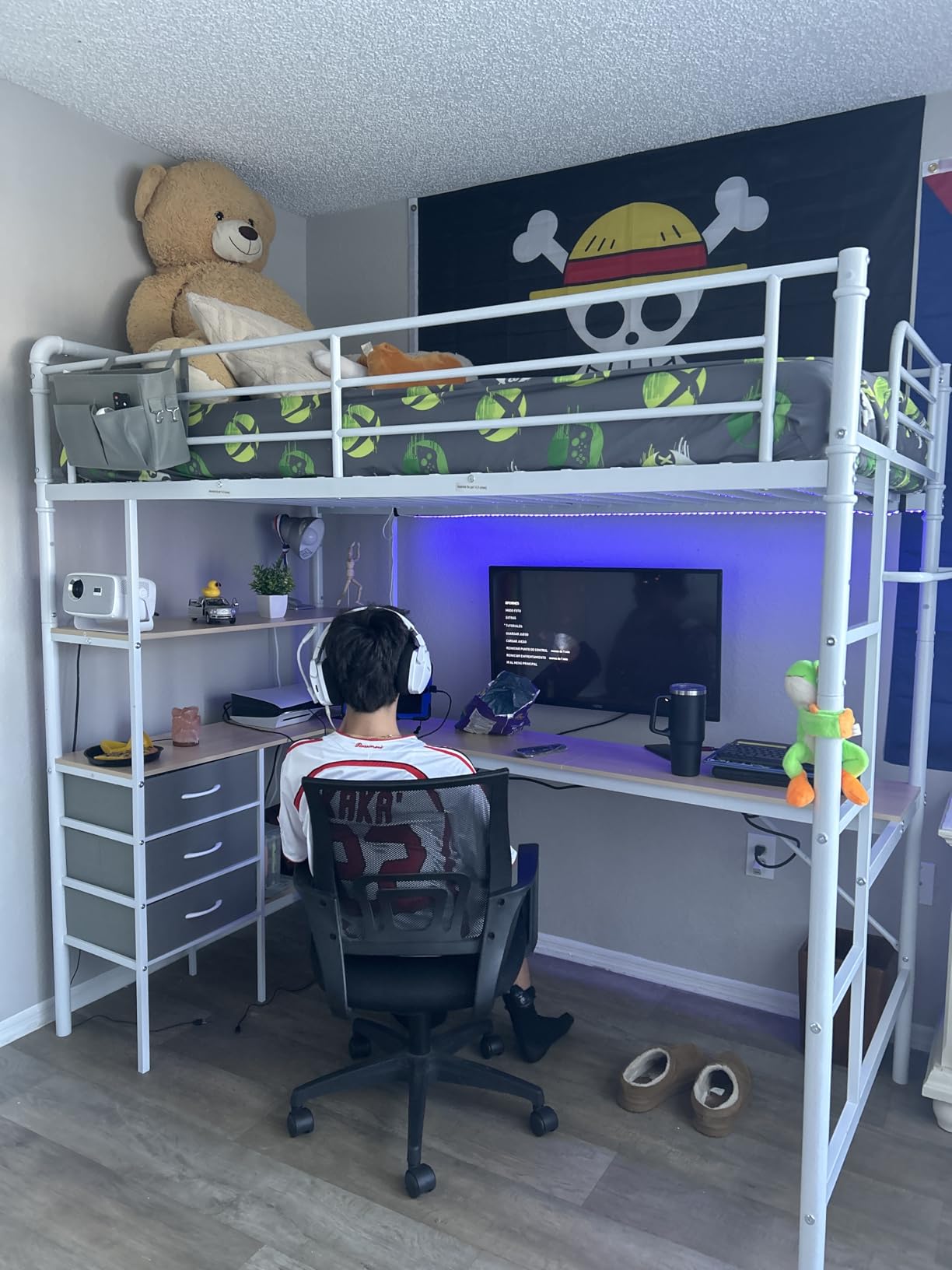 Full Size Loft Bed with L-Shaped Desk, LED Lights, Charging Station, Industrial Heavy Duty Metal Loft Bed Frame with 3 Storage Shelves and 3 Fabric Drawers, Safety Guard & Ladder, Vintage Brown customer photo 1