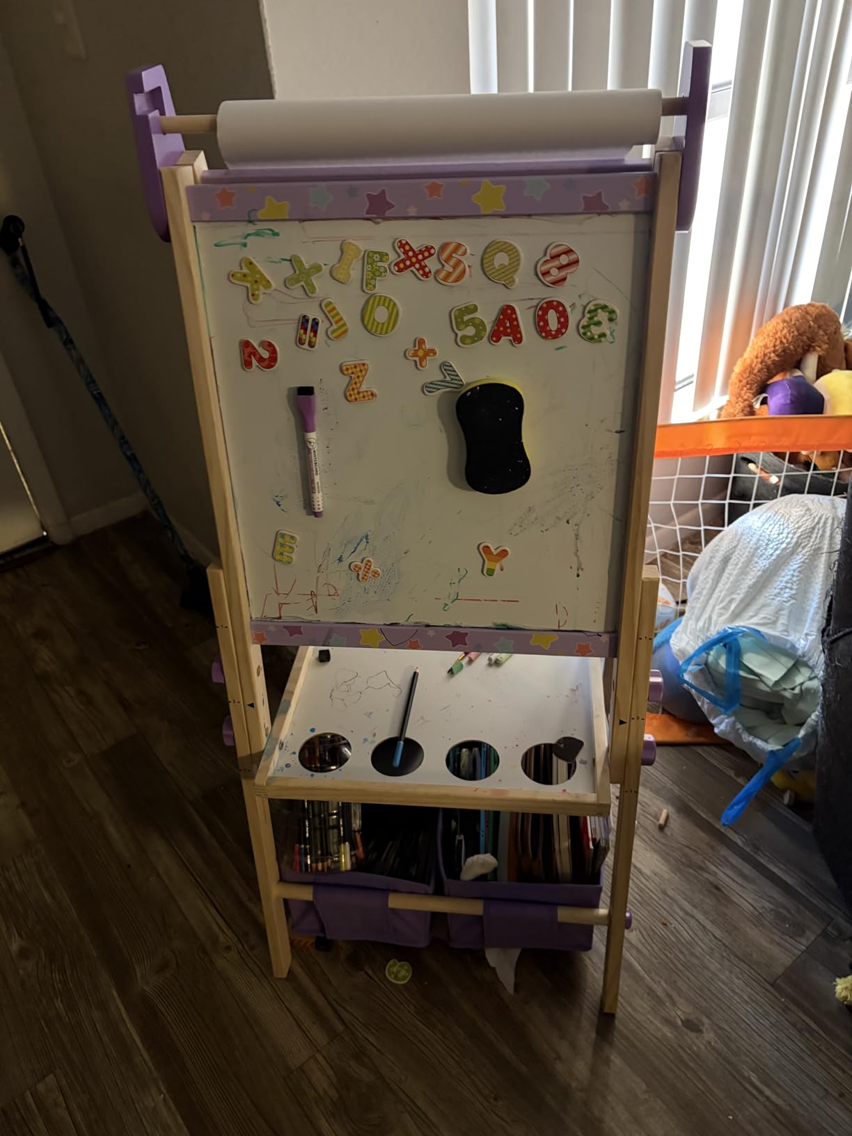 3-in-1 Kids Art Easel Set, Height Adjustable Magnetic Whiteboard & Chalkboard with Painting Paper Roll, Wooden Dual-Sided Art Station for Toddlers & Children Ages 3-8 (Art Supplies Included) customer photo 1