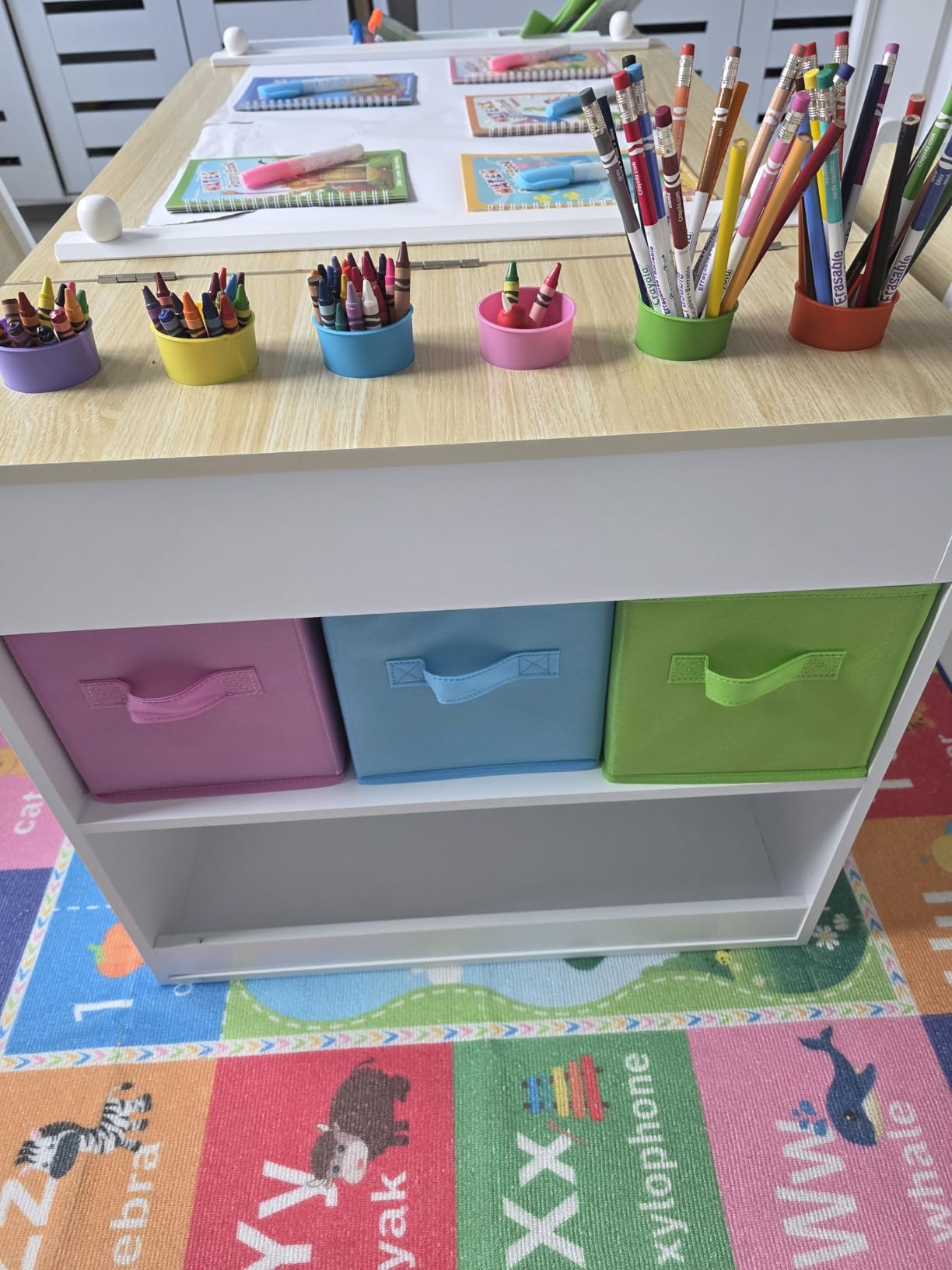 Kids Art Table and 2 Chairs Set, Wooden Craft Desk with 2 Storage Shelves, 6 Storage Bins & Paper Roll for Drawing, Learning and Reading, Toddler Activity Play Desk for Home, 47 L x23 W customer photo 1