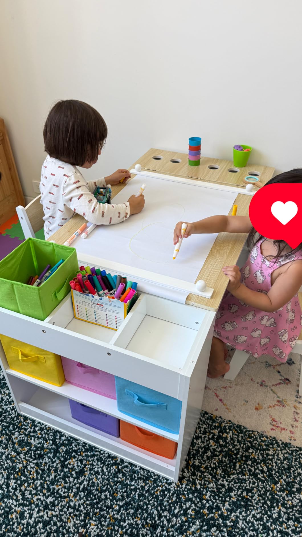 Kids Art Table and 2 Chairs Set, Wooden Craft Desk with 2 Storage Shelves, 6 Storage Bins & Paper Roll for Drawing, Learning and Reading, Toddler Activity Play Desk for Home, 47 L x23 W customer photo 2