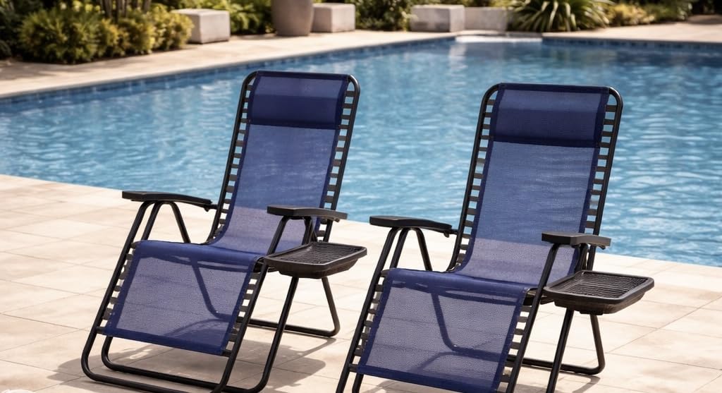 NEWBULIG Zero Gravity Chairs Set of 2, Folding Lounge Recliner Chair | Portable Lawn Camping Recliner with Adjustable Pillow, Mesh Back, Cup Holder Trays for Pool Beach Patio, Black customer photo 2