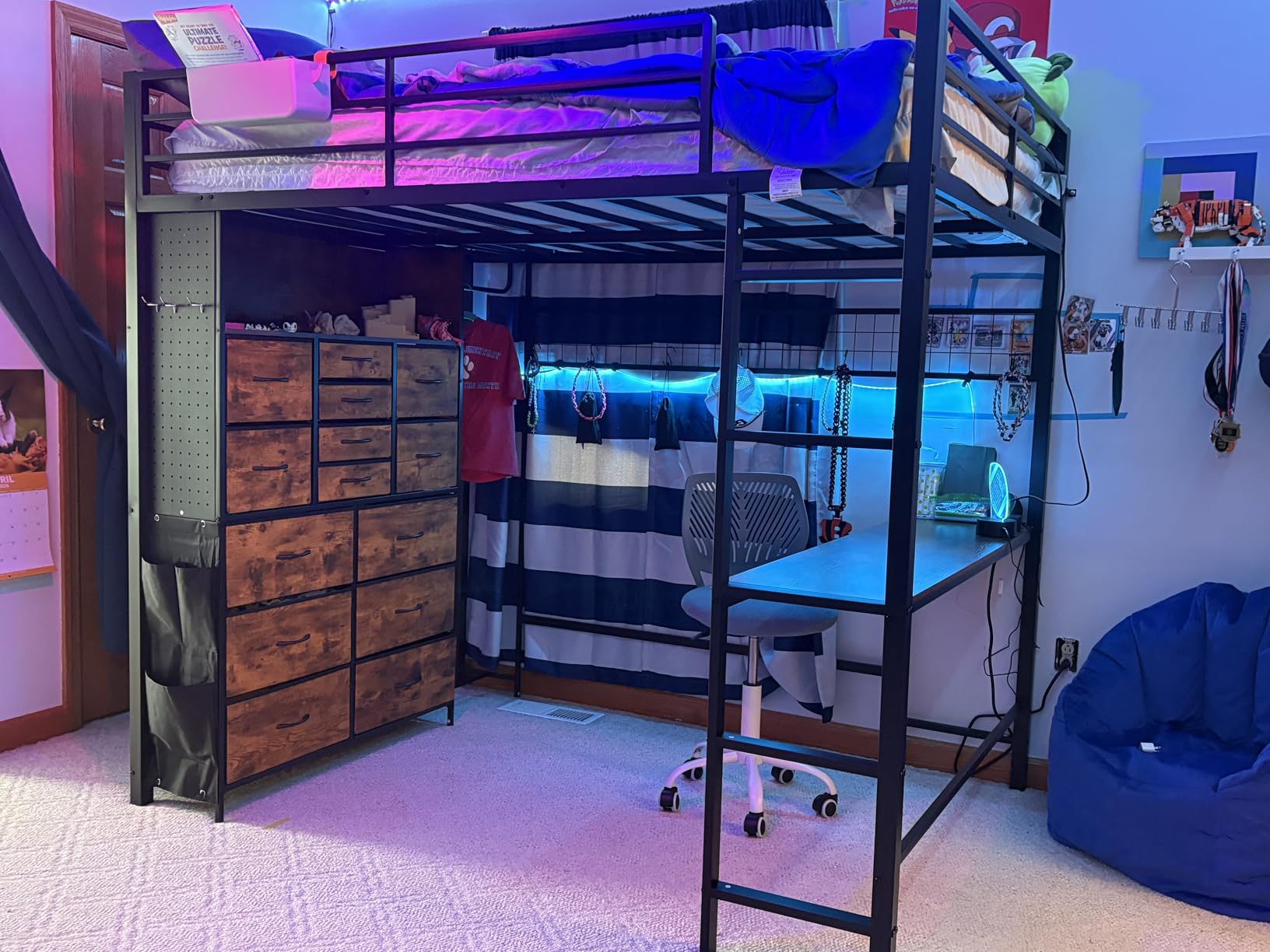 ADORNEVE Twin Loft Bed with Desk, 14 Storage Drawers & Power Outlet, White | Metal Kids Loft Bed Twin Size with LED Lights, Pegboard, Safety Guardrail & Ladder, Space Saving for Teens, Small Rooms customer photo 2