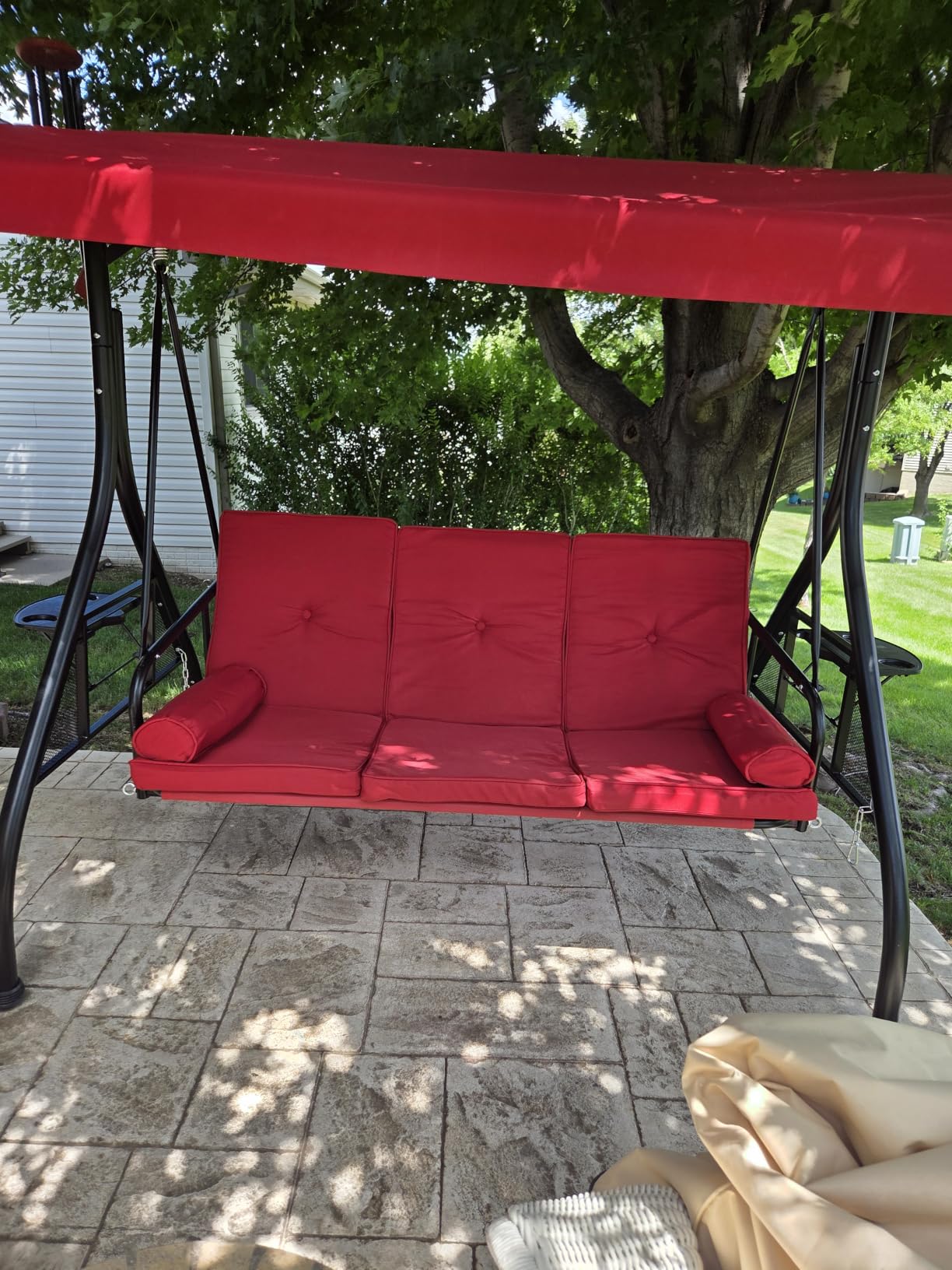 Aoxun Outdoor Porch Swing with Stand and Canopy, 3 Seats Outdoor Swings for Adults, Convertible 2 in 1 Swing Bed with Cup Holder, Patio Swings with Thicken Cushions for Garden, Yard & Balcony, Blue customer photo 1