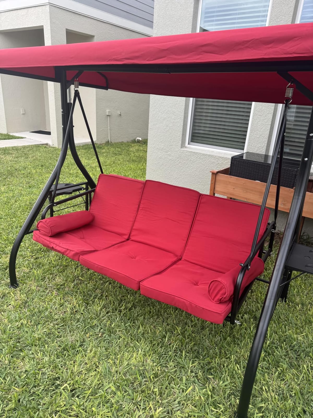Aoxun Outdoor Porch Swing with Stand and Canopy, 3 Seats Outdoor Swings for Adults, Convertible 2 in 1 Swing Bed with Cup Holder, Patio Swings with Thicken Cushions for Garden, Yard & Balcony, Blue customer photo 2