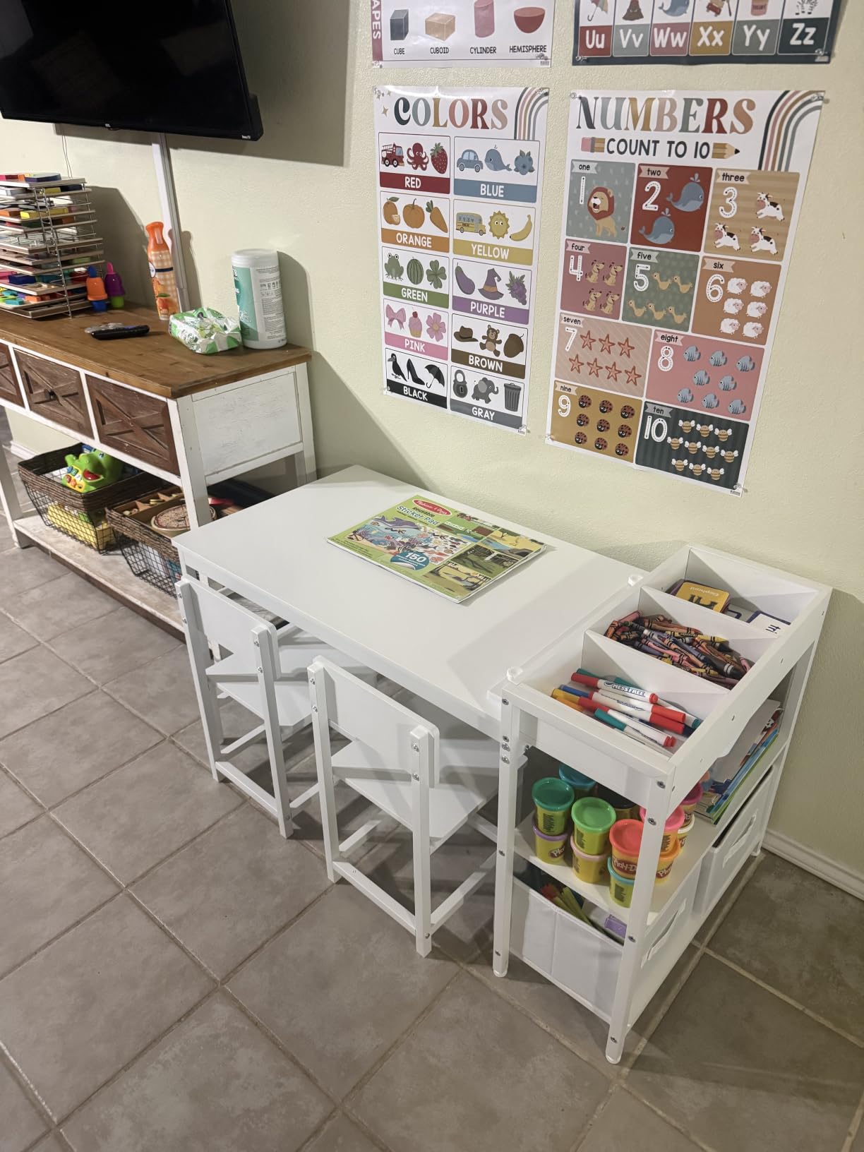BOLUO Kids Art Table and Chair Set, Toddler Craft Table with Storage Drawers, Play Desk for Kids, Children Activity Learning Center White customer photo 2
