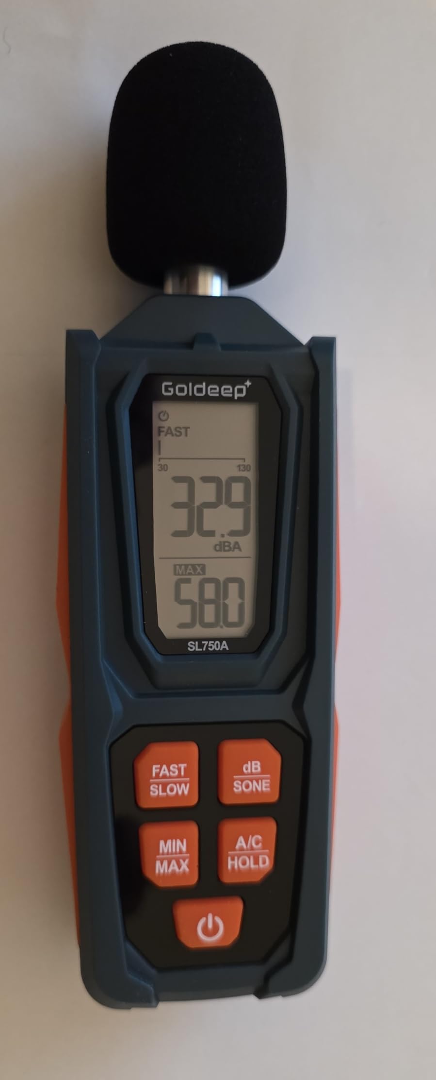 Decibel Meter, Goldeep SL750A Digital Sound Level Meter 30-130dB, A/C Weighted DB Meter with dB/SONE, Fast/Slow, MAX/MIN, LCD Sound Meter for Home, Office, Factory, Neighbor Noise - Vitality Orange customer photo 1