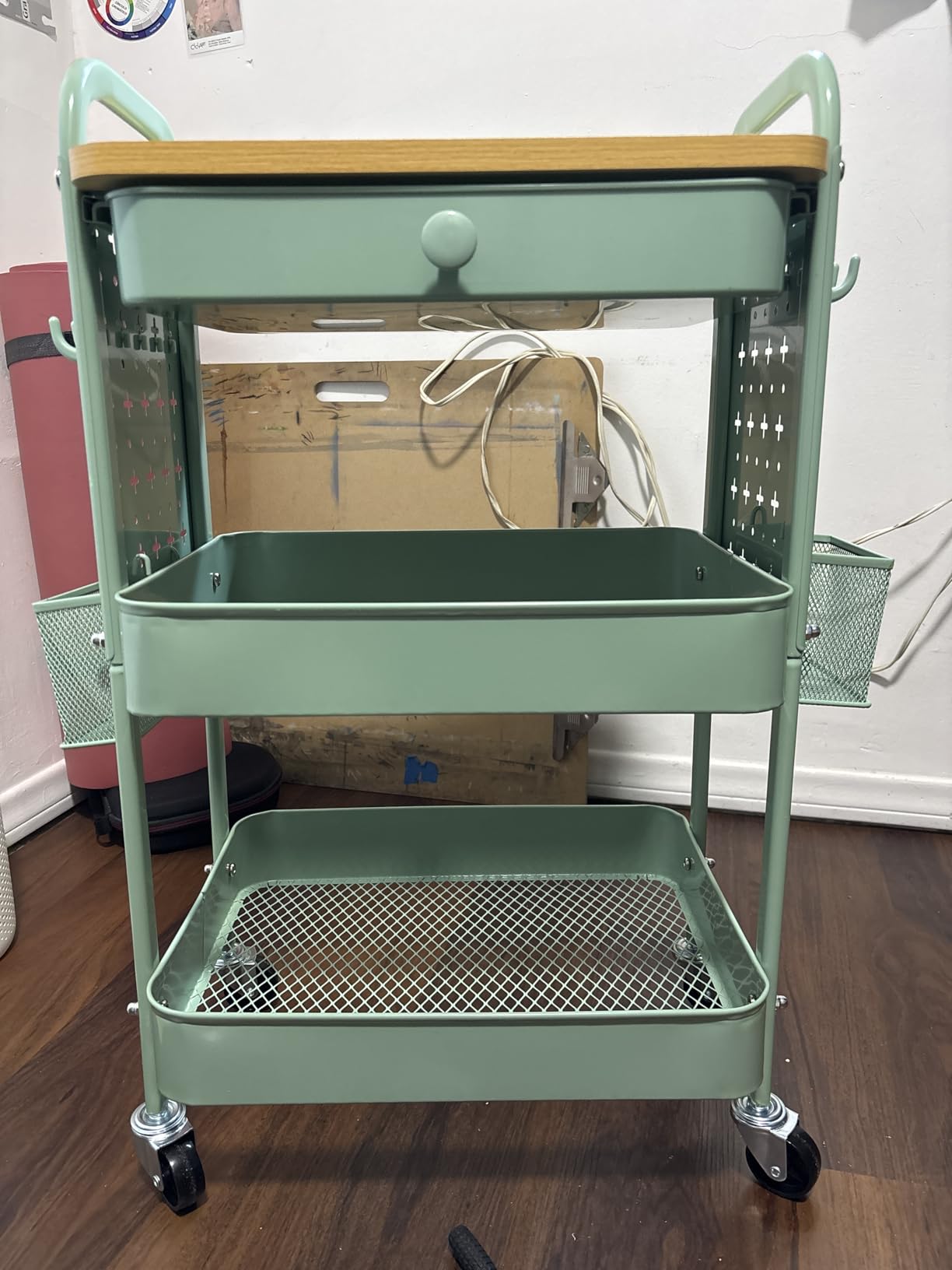 ALVOROG 3 Tier Metal Rolling Cart with Drawer, Wood Top, Pegboards, Black | Storage Utility Cart with Drawers, Pegboards, Lockable Wheels, Baskets, Hooks for Kitchen, Office, Bedroom, DIY Supplies customer photo 1