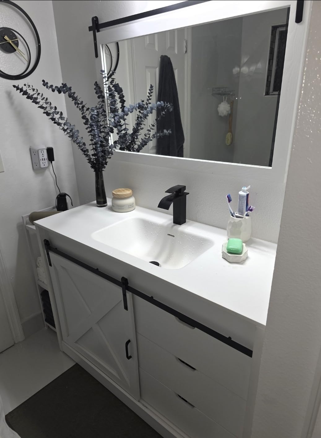 chartustriable 24 Inch Bathroom Vanity with Sink & Faucet & Mirror, Farmhouse Bathroom Vanity Cabinet Set with Sliding Barn Door & Drawers, Brown customer photo 1