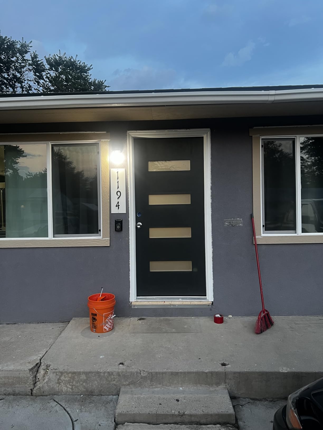 36x80'' Fiberglass Front Door, Modern Exterior Door Right Hand Inswing, Black Smooth Finished 5 Lites Frosted Glass Knock-Down Door, Vinyl Frame and Brickmould Included customer photo 1