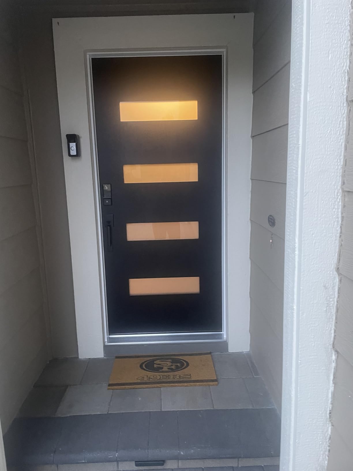 36x80'' Fiberglass Front Door, Modern Exterior Door Right Hand Inswing, Black Smooth Finished 5 Lites Frosted Glass Knock-Down Door, Vinyl Frame and Brickmould Included customer photo 2