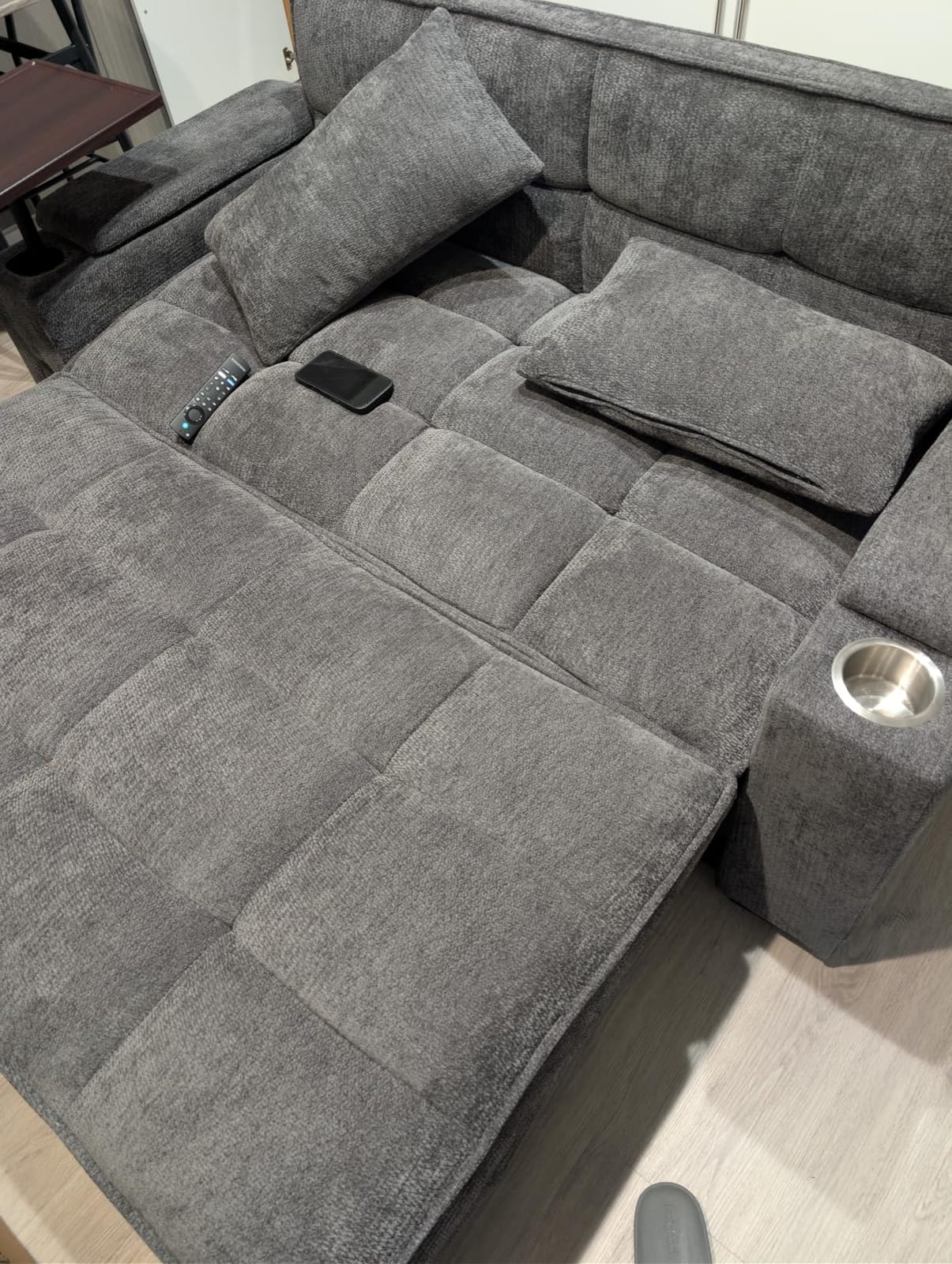 Dreamzie 65'' Convertible Sleeper Sofa Bed with Swivel Side Table, Chenille Pull Out Couch for Living Room, Loveseat Sleeper Couch with Hidden Storage Space | Charging Port | Cup Holders, Grey customer photo 1