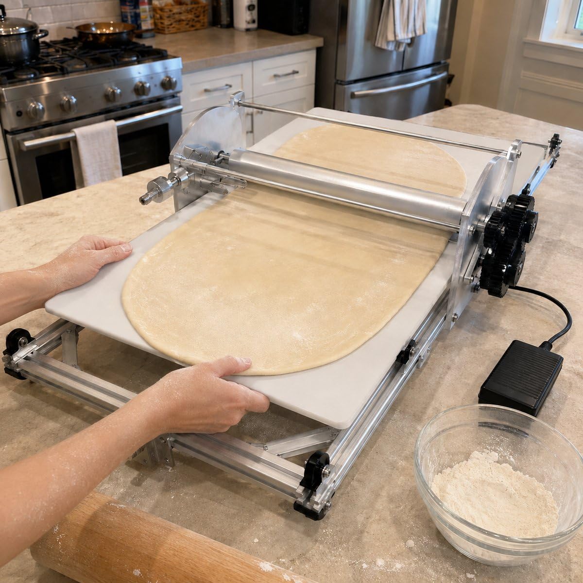 Electric Foldable Dough Sheeter Commercial Stainless Steel Roller Machine, 10 Thickness Settings, 2-30mm Adjustment, Space Saving Foldable Design, Easy Cleaning, Smooth Rolling, Bakery & Pizza Making customer photo 1