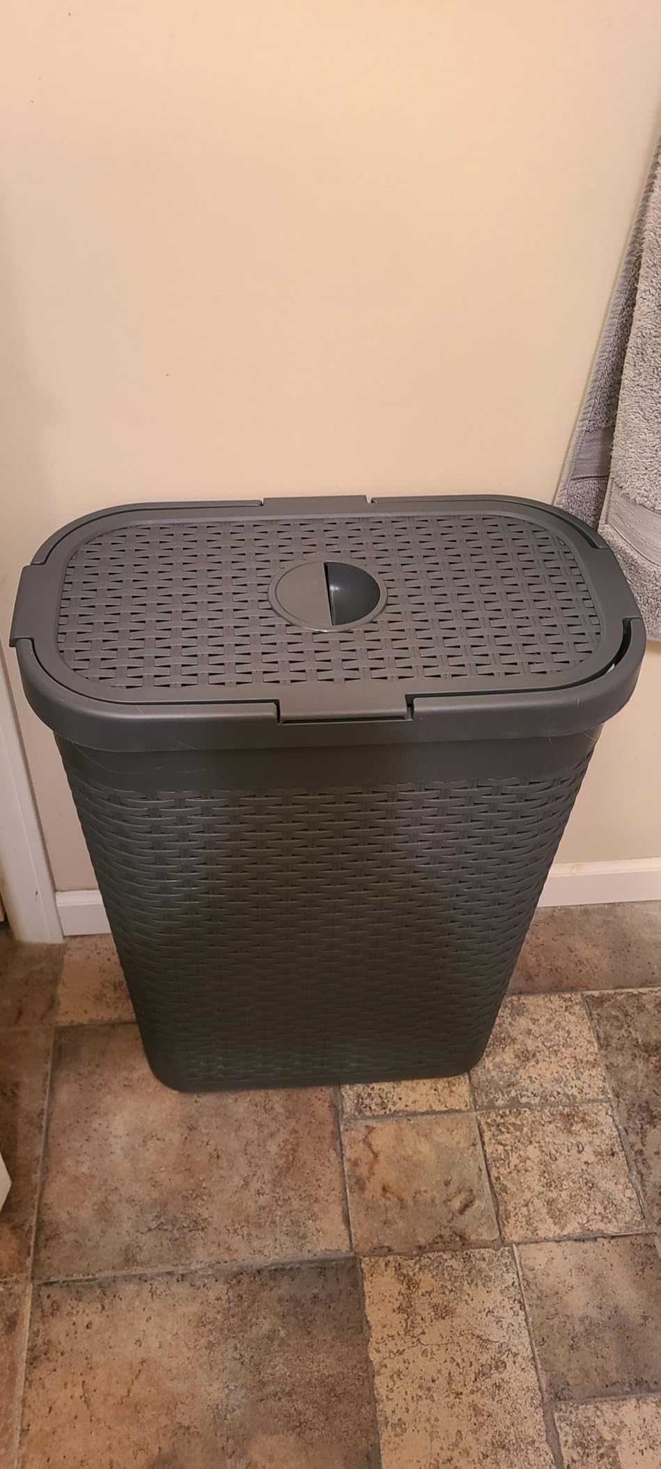 Mind Reader Slim Laundry Hamper with Lid, 40L Clothes Basket, Narrow Tapered Design with Ventilated Cutout Pattern, Plastic, Ivory customer photo 2