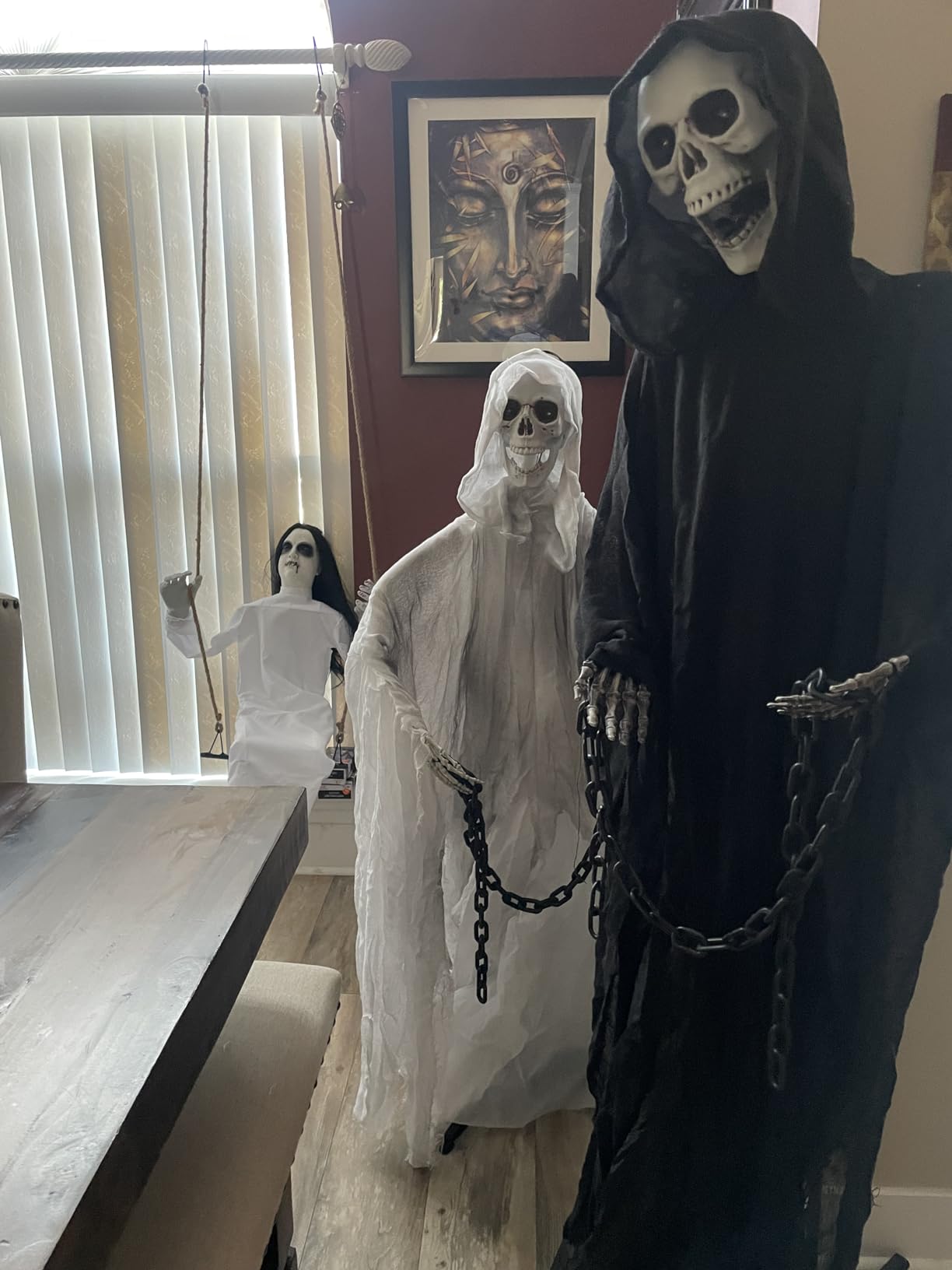 Haunted Hill Farm Life-Size Scary Grim Reaper with Chain, Halloween Animatronic with Touch Activated Lights and Sounds, Battery Operated Indoor or Covered Outdoor Halloween Decorations, Halloween Prop customer photo 1