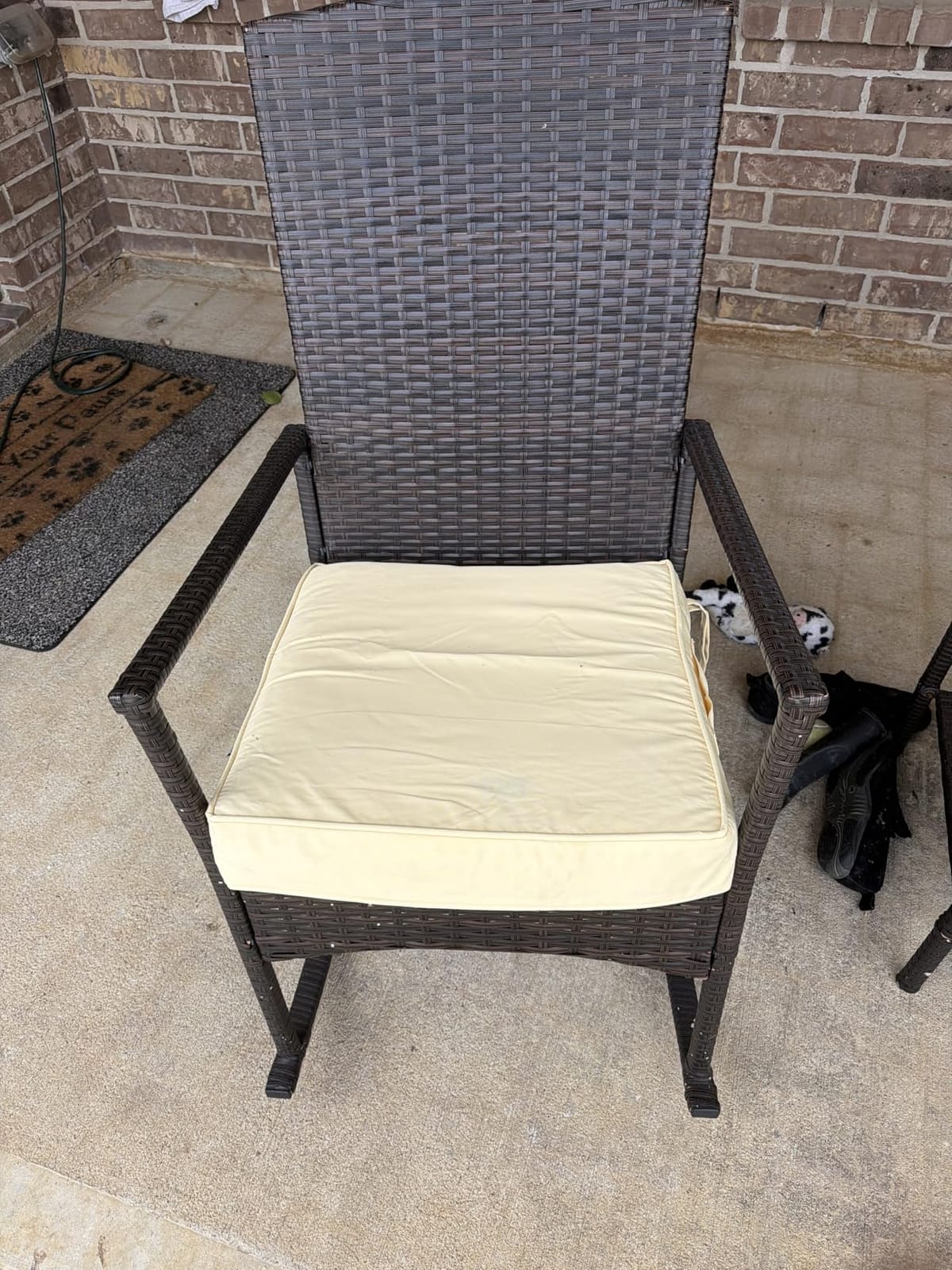 Outdoor HDPE Wicker Rocking Chair 3-Piece Patio Rattan Bistro Set 2 Rocker Armchair and Glass Coffee Side Table Furniture Washable Lacing Cushions, Khaki customer photo 1
