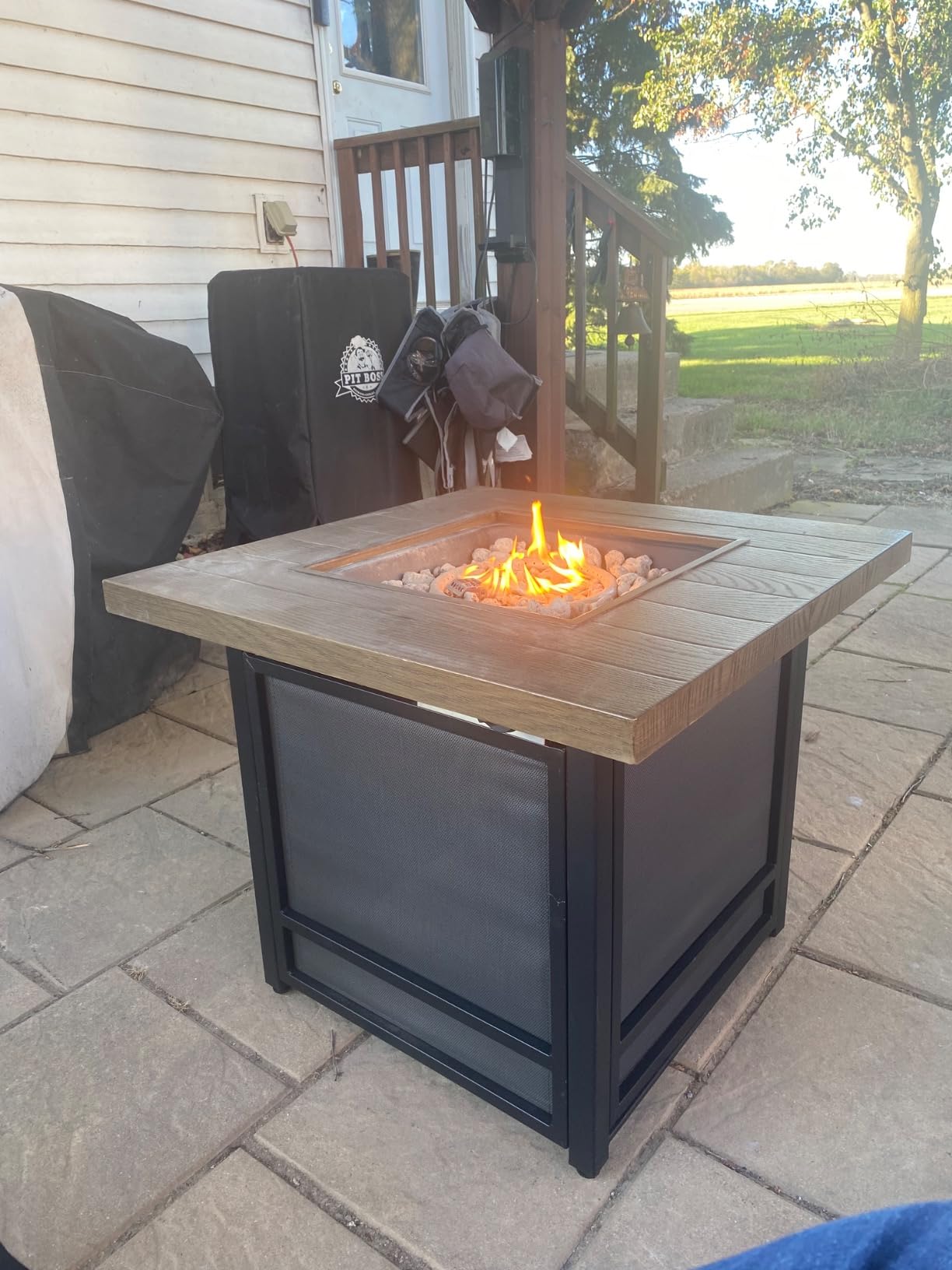 Grand Patio Outdoor Gas Fire Pit Table 32-Inch Square Propane Gas Fire Pit with CSA Safety Approval 50000 BTU Heat Sling Base Ceramic Tile Top and Lava Rock for Garden, Backyard, and Deck Parties customer photo 2