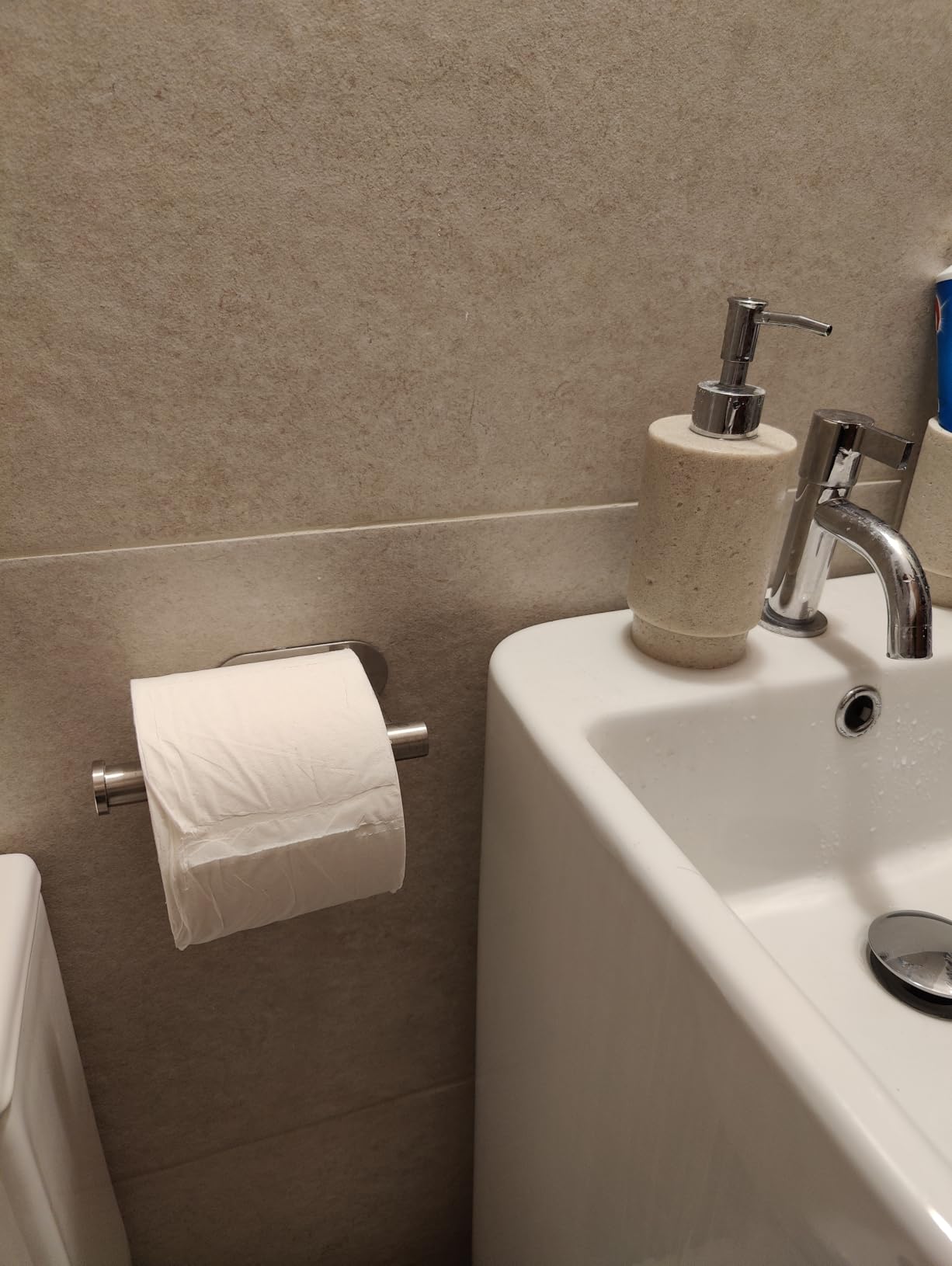 NearMoon Toilet Paper Holder Self Adhesive, Premium Thicken SUS304 Stainless Steel Rustproof Adhesive Toilet Roll Holder no Drilling for Bathroom, Kitchen, Washroom (1 Pack, Brushed Nickel) customer photo 1