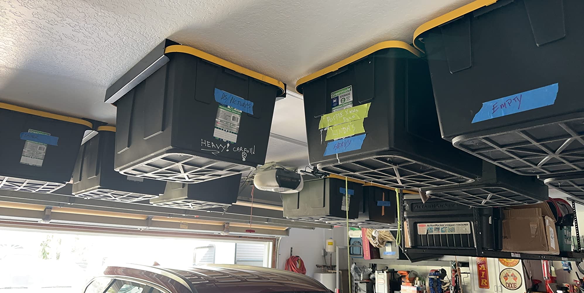 Koova Heavy-Duty Overhead Garage Storage Rack for 4 Bins. Adjustable Width, 160lb Capacity. DIY Safe Ceiling Mount, Easy Install. Fits 27-Gallon Totes. USA Made Pro-Grade Steel. Space Saving Organizer customer photo 1