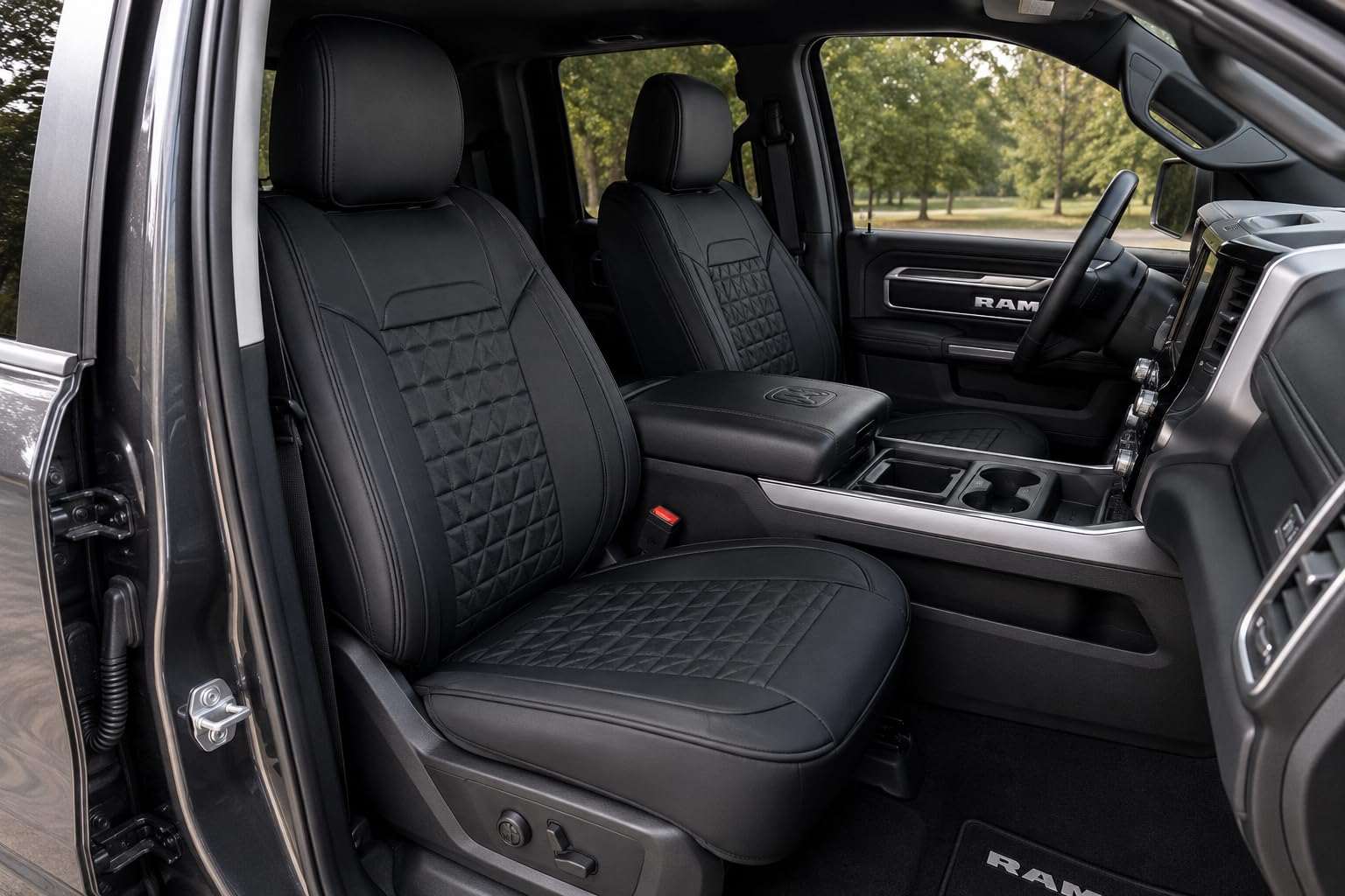 Coverado Car Seat Covers Full Set, Leather RAM 1500 Seat Covers Protectors Compatible with 2002-2026 Dodge RAM 1500 2500 3500 Crew Double Mega Quad Cab with Flat Bench, Black customer photo 1