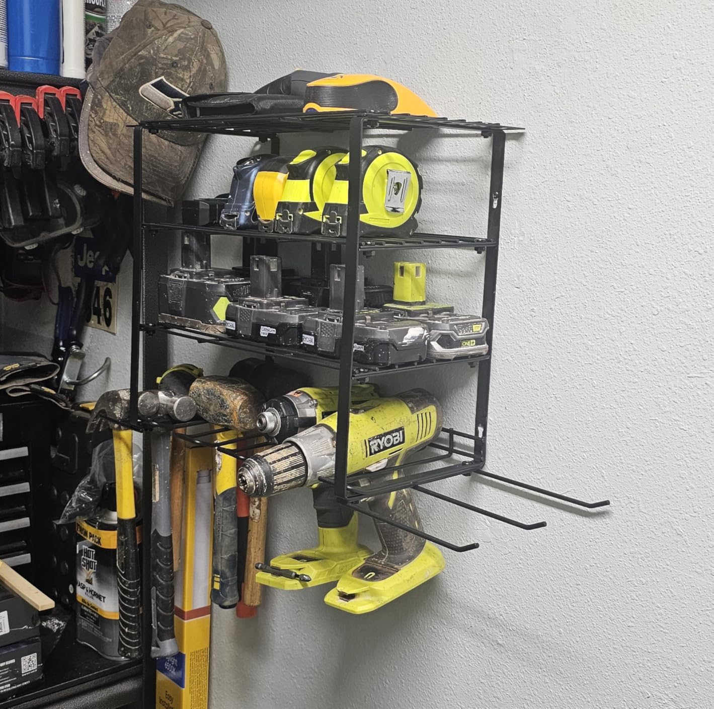 SUNALLY Power Tool Organizer, Heavy Duty Iron, 3 Layers Storage Rack with 4 Drill Holders, Floating Tool Shelf Wall Mounted, Matte Black, Work Shop, Garage, 150Lbs Load Capacity customer photo 1