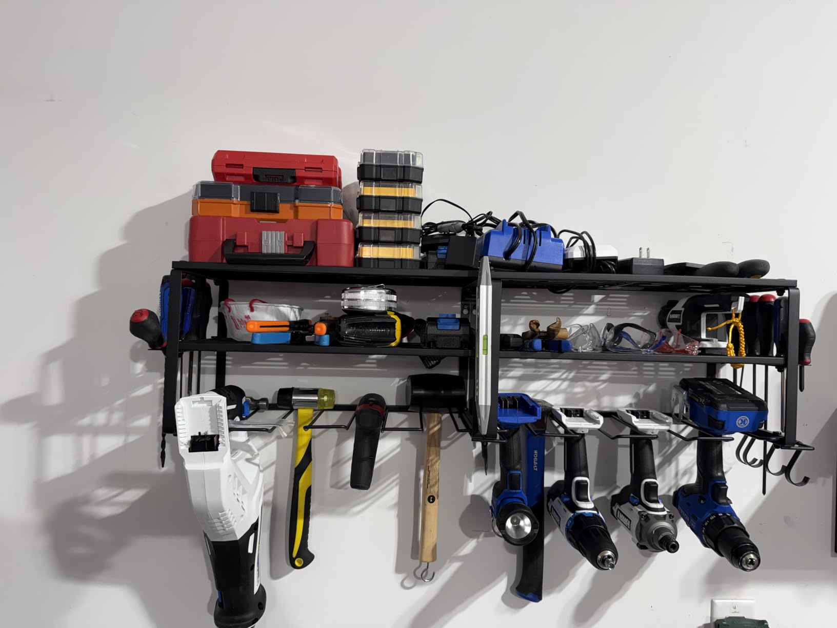 SUNALLY Power Tool Organizer, Heavy Duty Iron, 3 Layers Storage Rack with 4 Drill Holders, Floating Tool Shelf Wall Mounted, Matte Black, Work Shop, Garage, 150Lbs Load Capacity customer photo 2