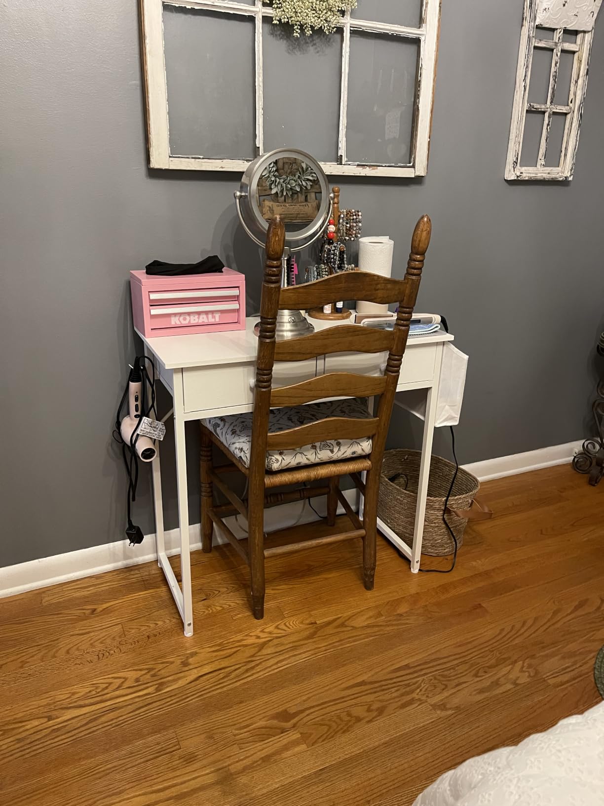 Lufeiya Small White Kids Desk with Drawers for Bedroom, 32 Inch Home Office Desks with Fabric Storage Drawer and Bag, Study Writing Vanity Table for Small Spaces, White customer photo 2