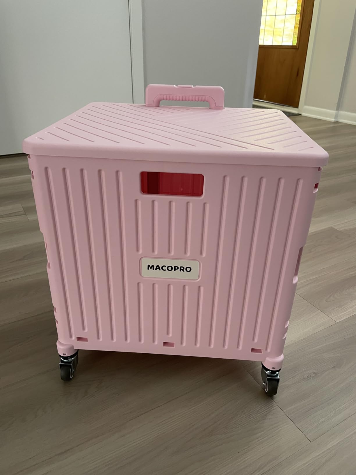 MACOPRO Folding Utility Cart Portable Rolling Crate Handcart Shopping Trolley Collapsible Tool Box, with Lid, Basket on 4 Rotate Wheels, for Grocery, Shopping, Office, Teacher (Pink) customer photo 1