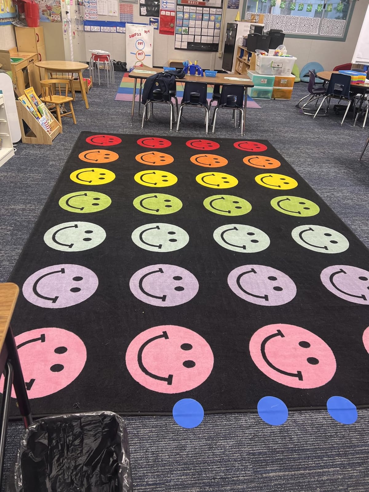 Flagship Carpets Rainbow Smileys in Black Criss-Cross Applesauce Educational Area Rug for Kids Room, Children's Classroom for Teaching and Playroom, 5' x 7'6