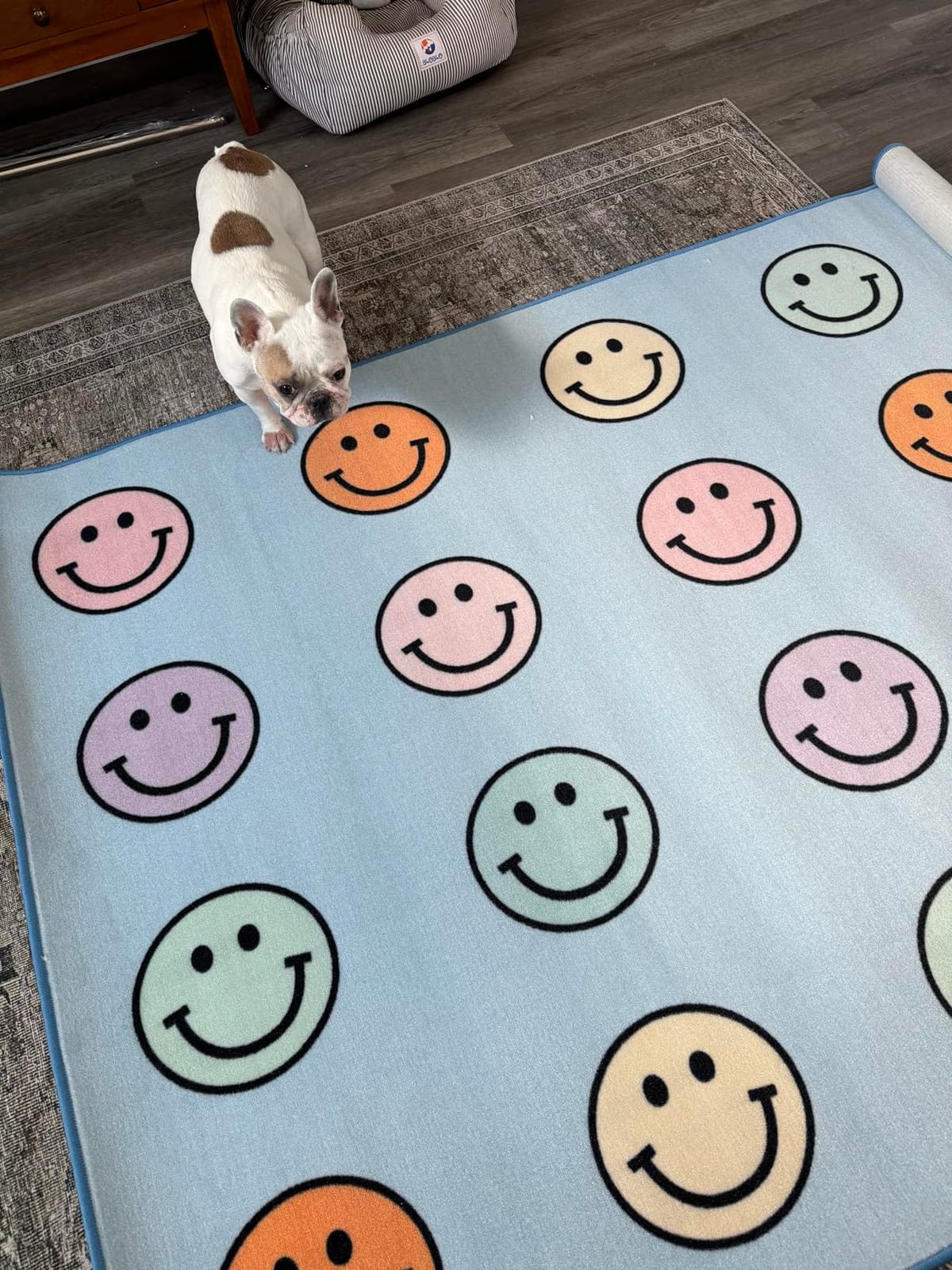 Flagship Carpets Rainbow Smileys in Black Criss-Cross Applesauce Educational Area Rug for Kids Room, Children's Classroom for Teaching and Playroom, 5' x 7'6