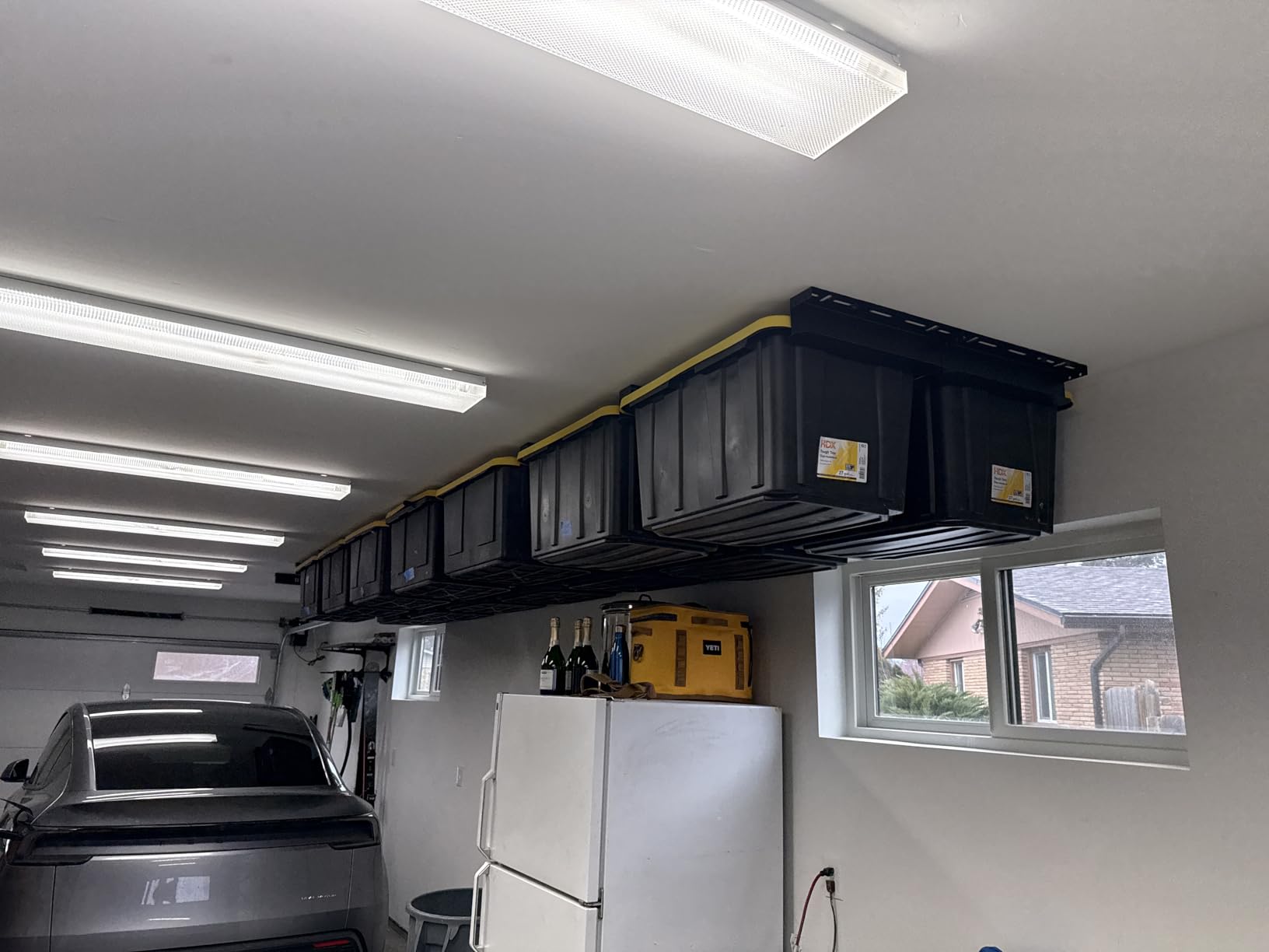 USA Based Overhead Garage Storage Rack, Connectable Heavy Duty Metal Ceiling Rails Garage Storage Organization Shelving System, Hanging Racks Tote Containers, Supports Up To 6 Bins, 4 Sets Black customer photo 1