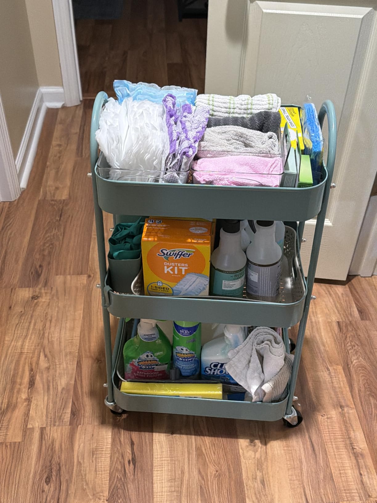 3 Tier Green Metal Rolling Cart with Lockable Wheels and Handle, 3 Tiered customer photo 2